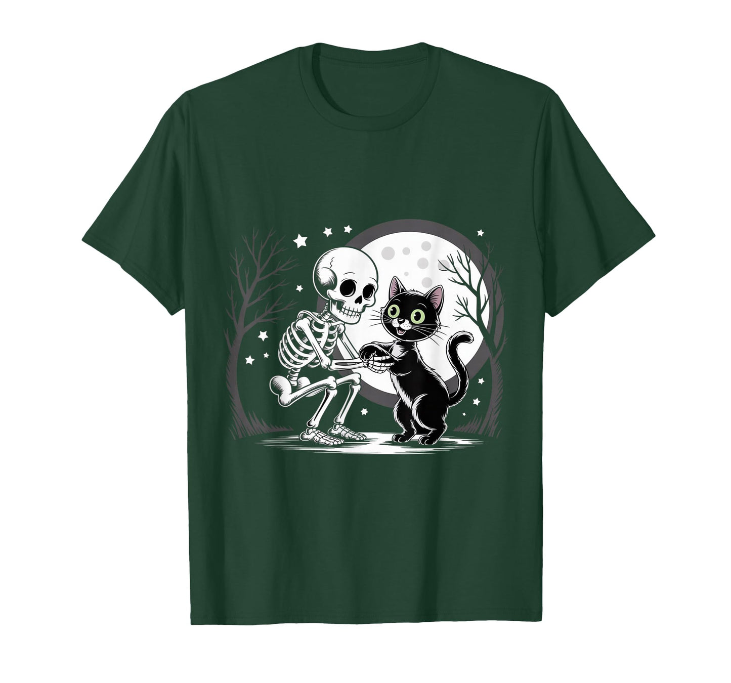 Skeleton Hugging Black Cat Under Full Moon Halloween T-Shirt