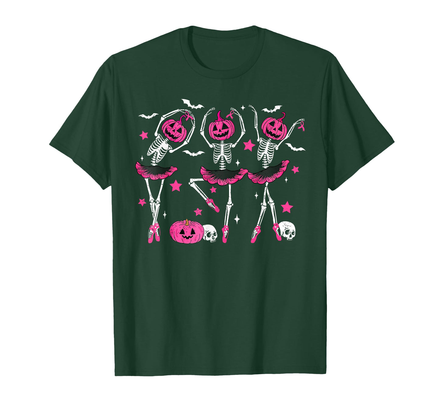 Pink Ribbon Pumpkin Skeleton Dancing Breast Cancer Awareness T-Shirt