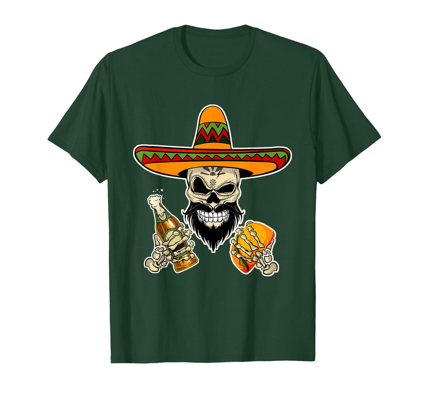 Funny Mexican Sugar Skull with Tacos and Beer T-Shirt