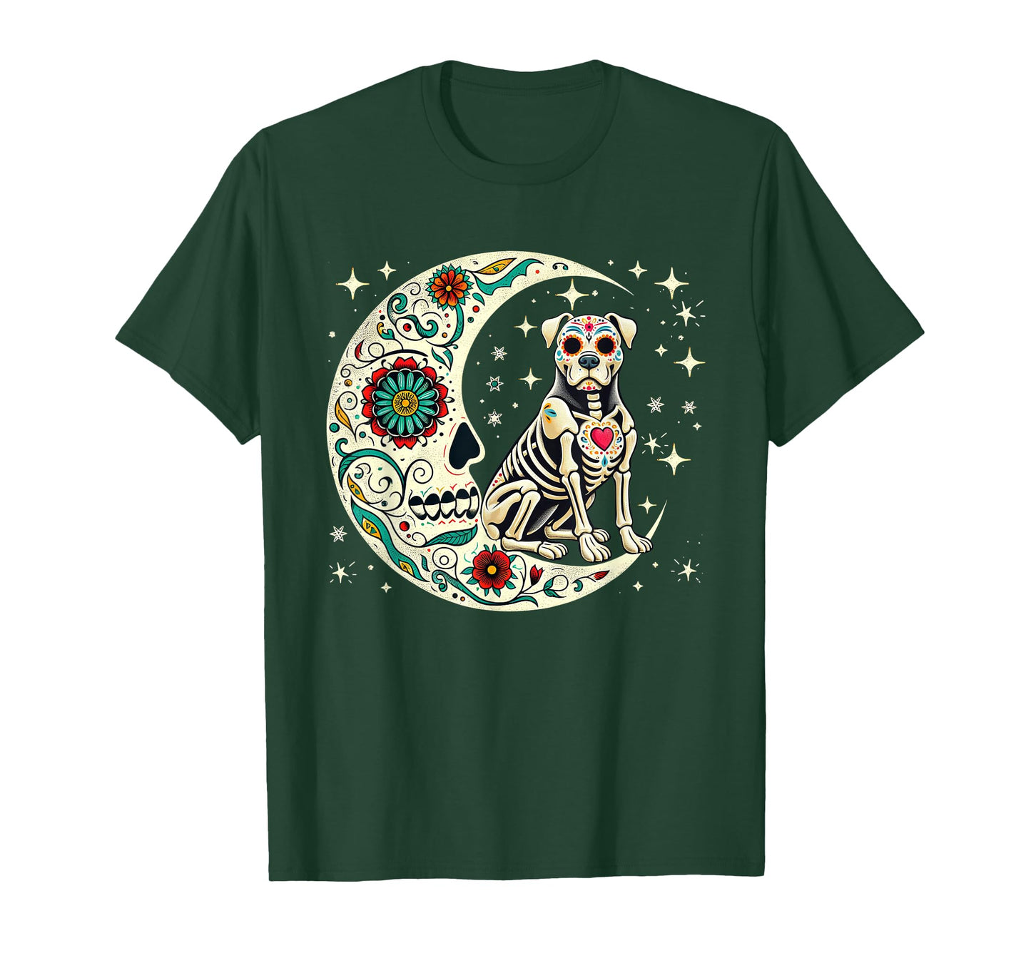 Dia De Los Muertos Halloween Moon Floral Skeleton Pit Bull T-Shirt