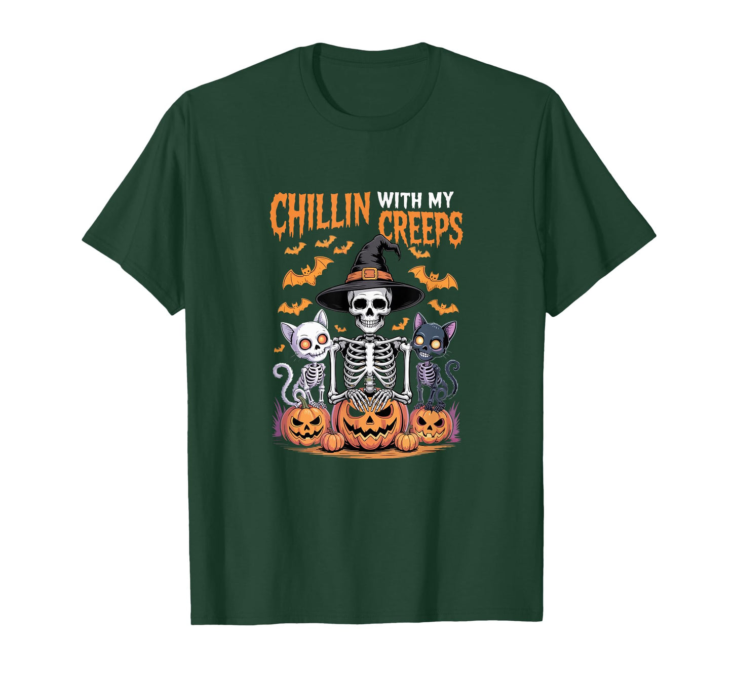 Chillin with My Creeps Halloween Cats Skeleton As Witch T-Shirt