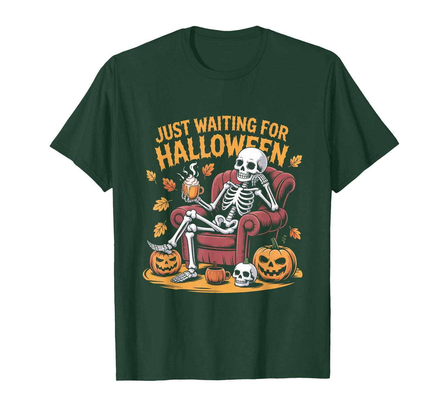 Relaxed Skeleton Sitting Pumpkins Just Waiting Halloween T-Shirt