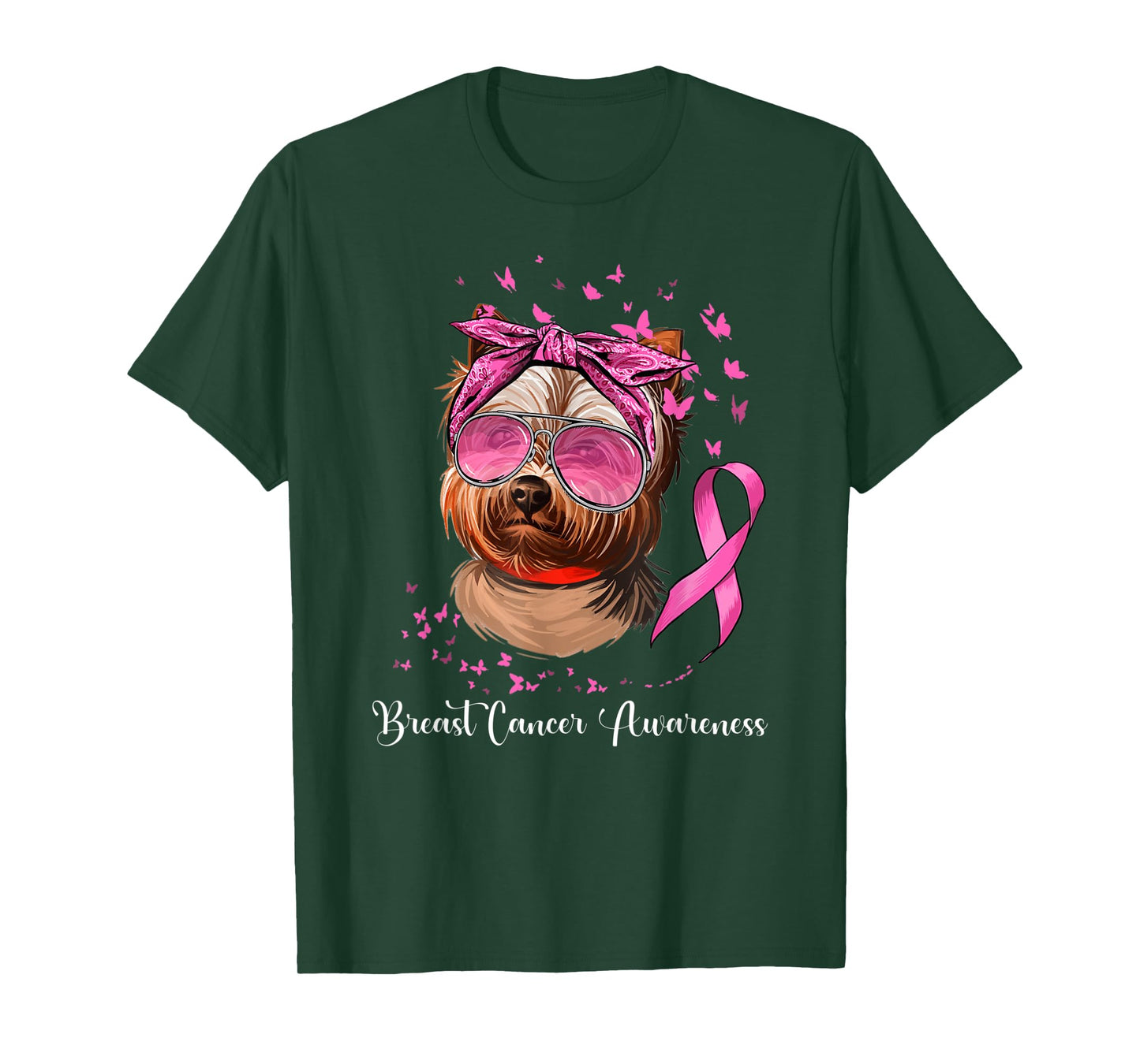 Yorkie Dog Lover Pink Ribbon Breast Cancer Awareness T-Shirt
