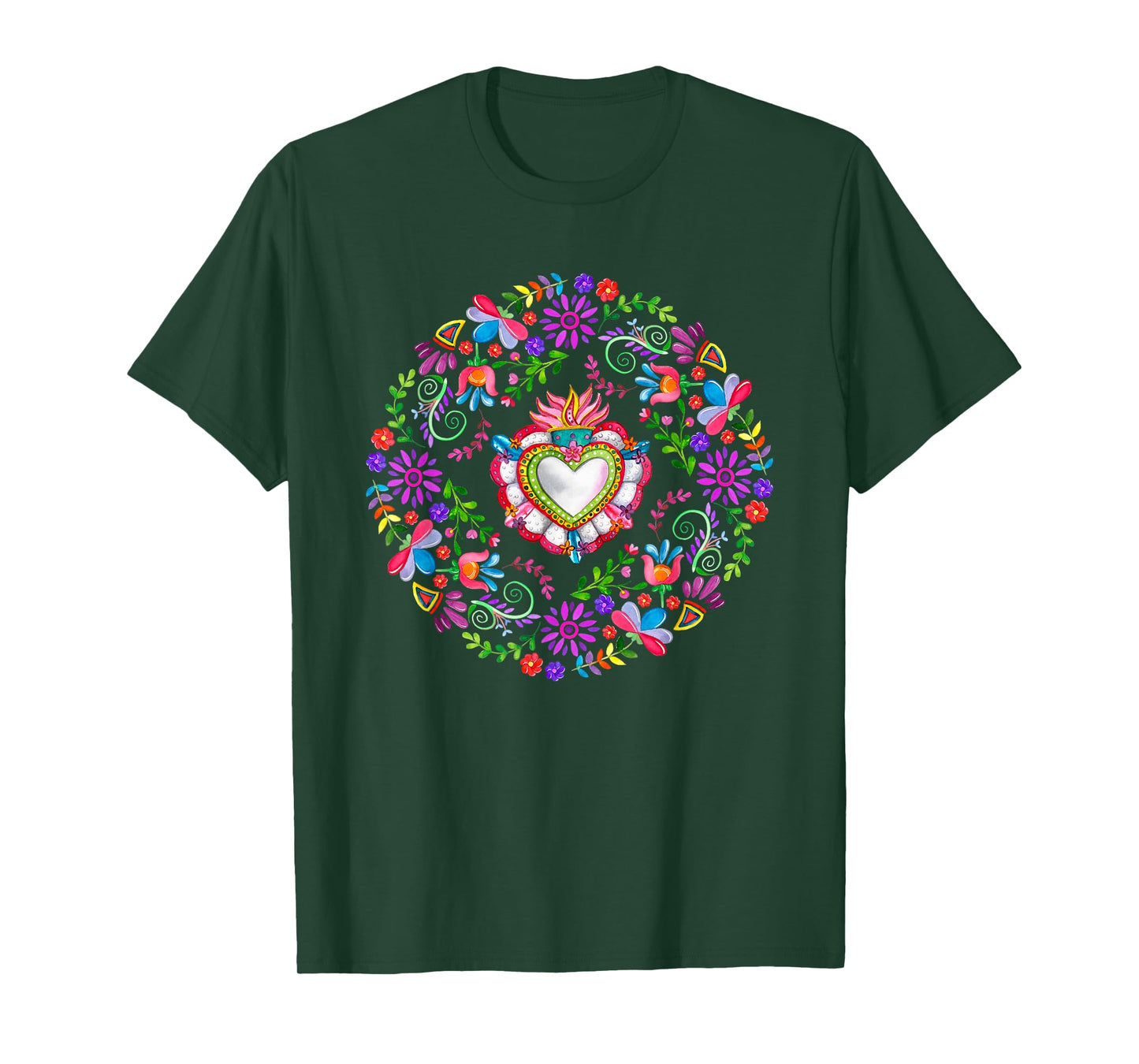 Colourful Floral Embroidery Heart Pattern Mexican Otomi T-Shirt