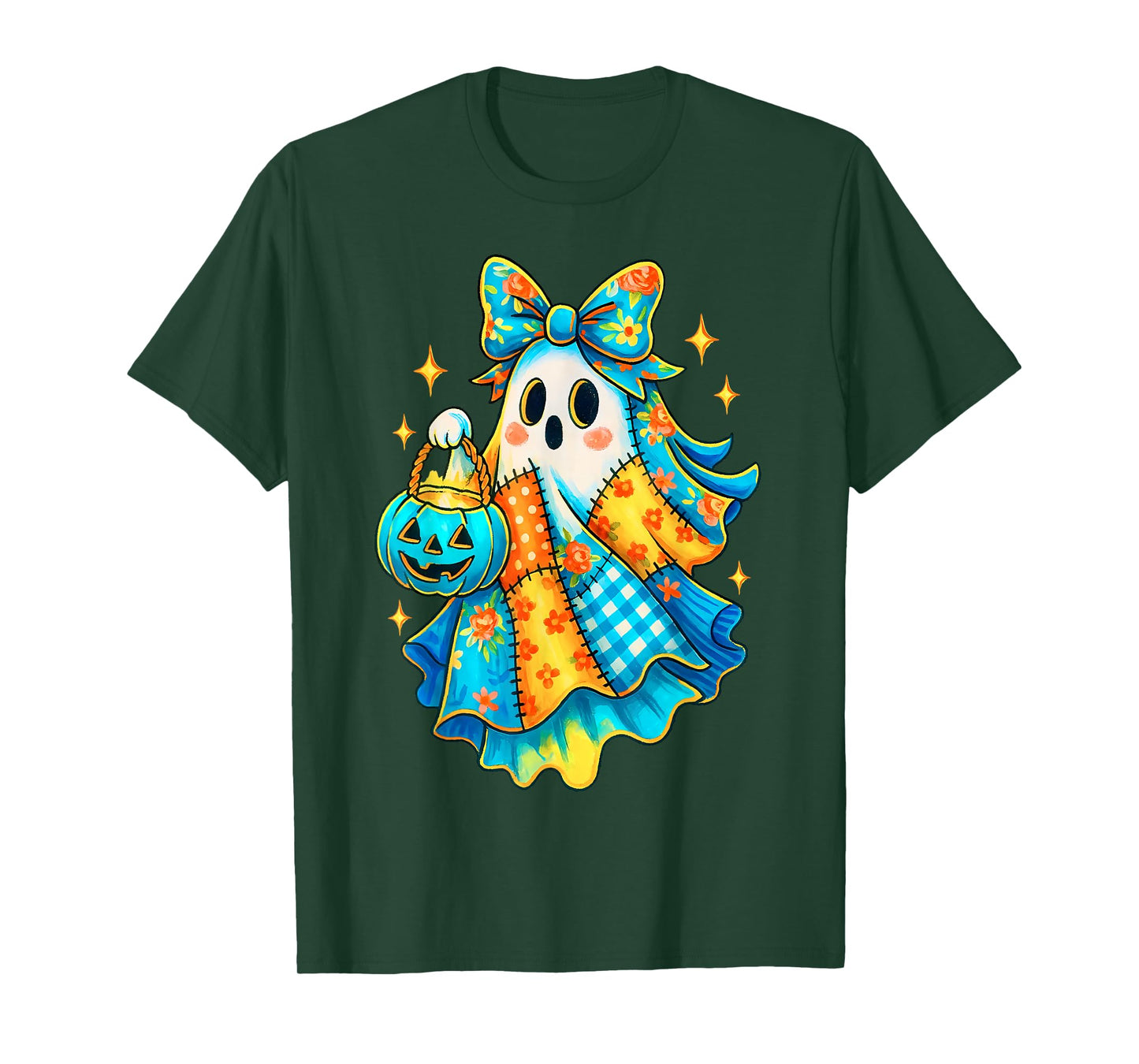 Retro Patchwork Ghost Pumpkin Coquette Bow Halloween Costume T-Shirt