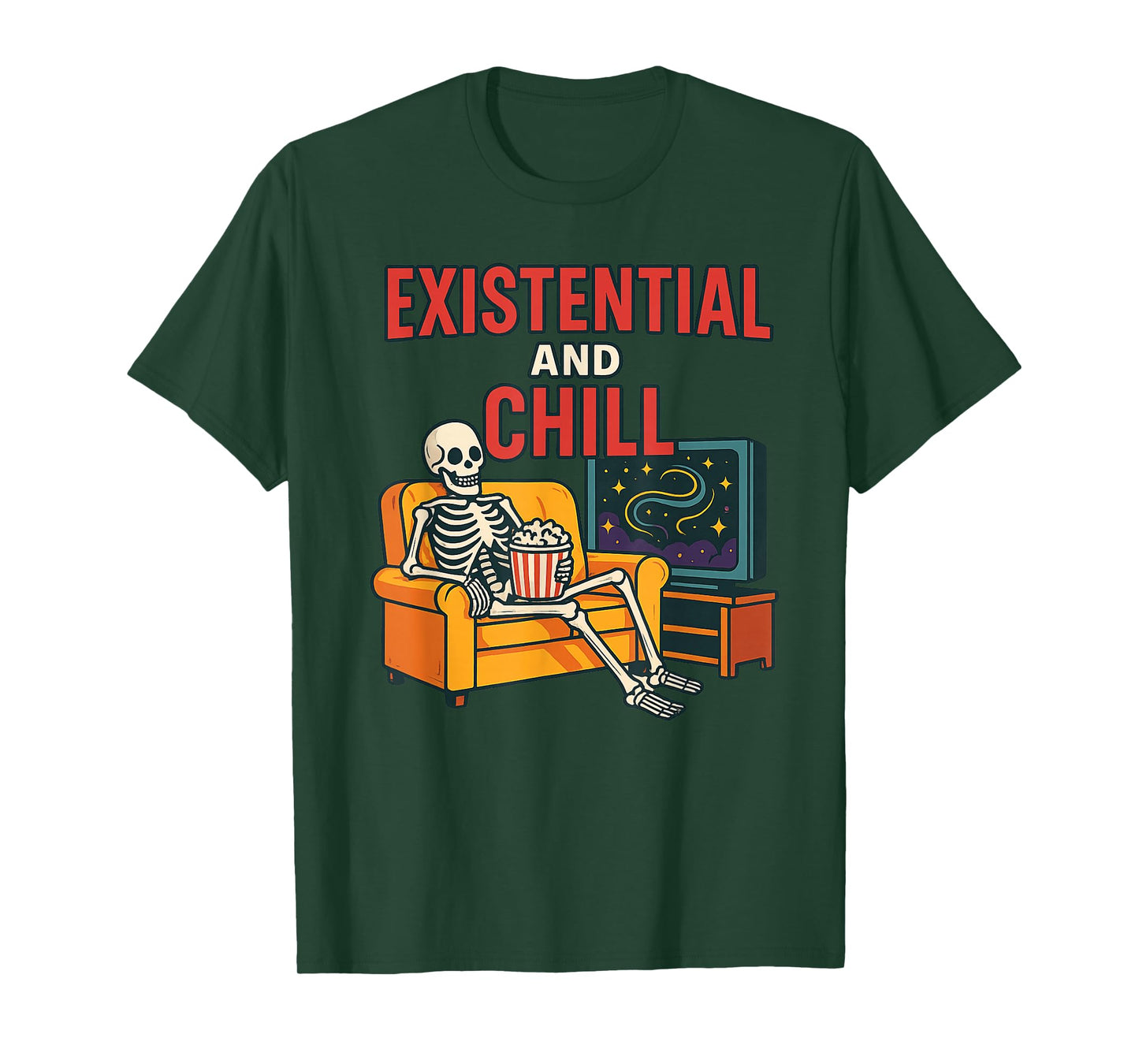 Existential and Chill Skeleton Couch Popcorn Cosmic TV T-Shirt