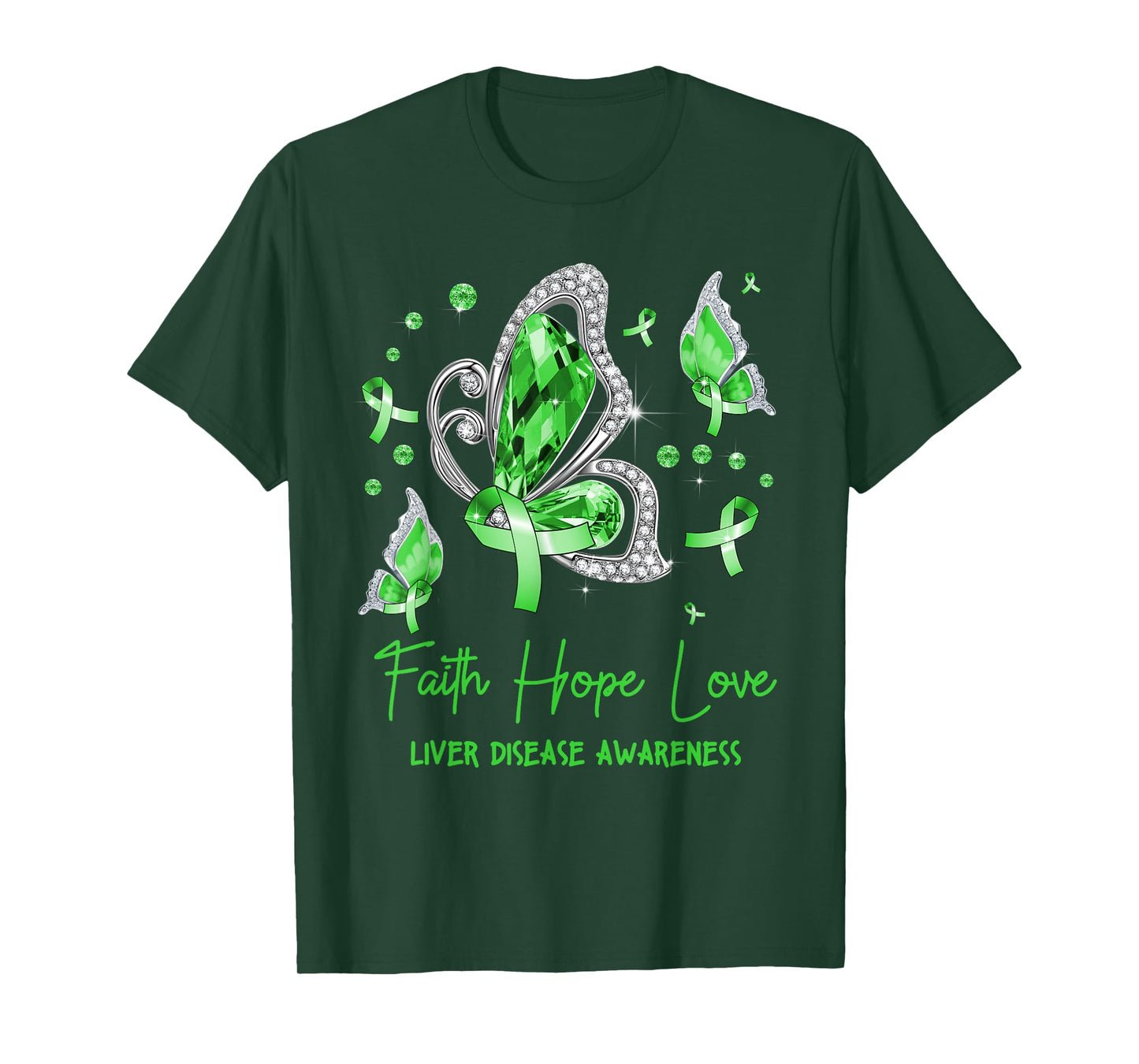 Faith Hope Love Butterfly Green Liver Disease Awareness T-Shirt