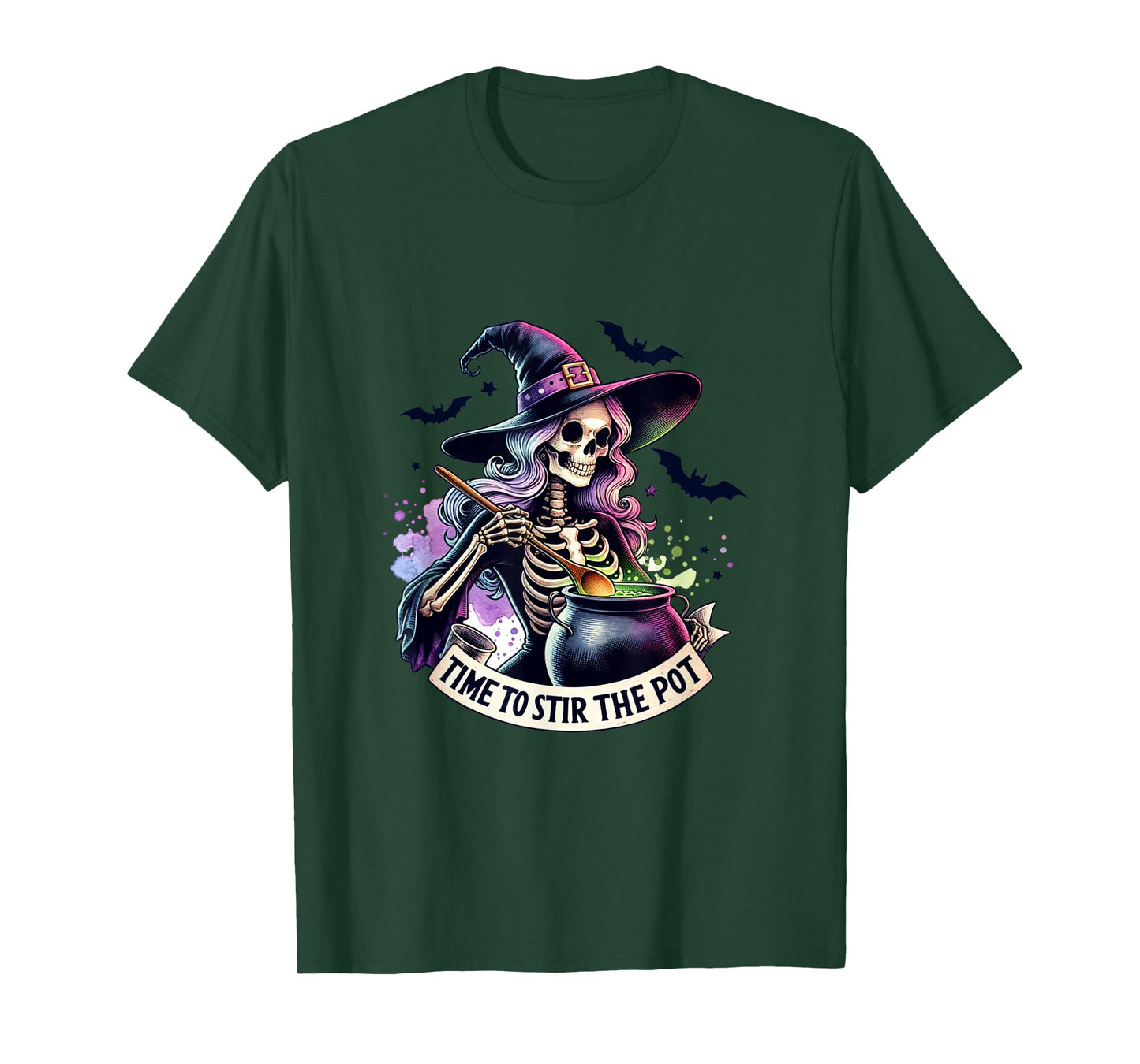 Time to Stir The Pot Skeleton Woman Witch Halloween Pin-Up T-Shirt