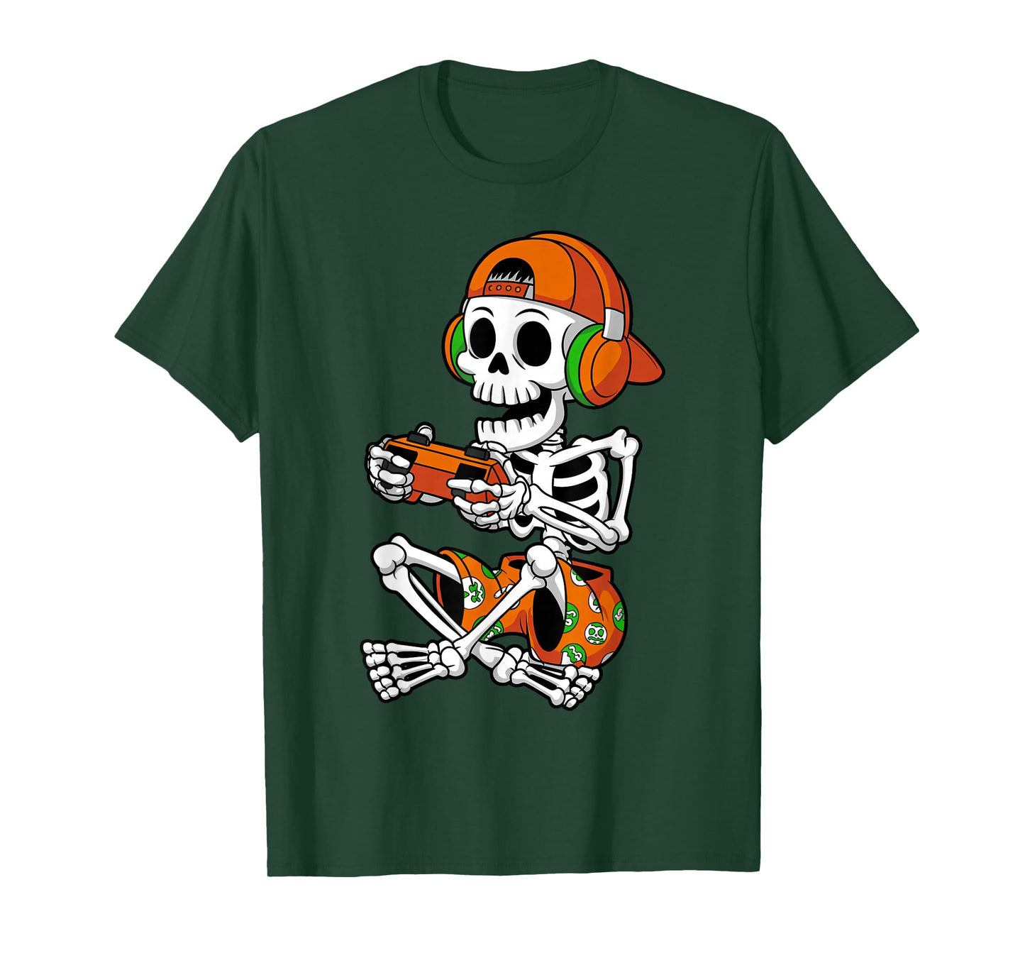 Funny Gaming Skeleton with Headphones Halloween Costume Kids T-Shirt
