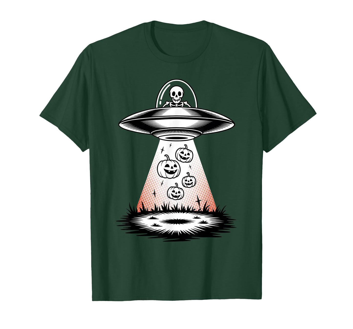 Funny Halloween UFO Skeleton Beaming Up Pumpkins Vintage T-Shirt
