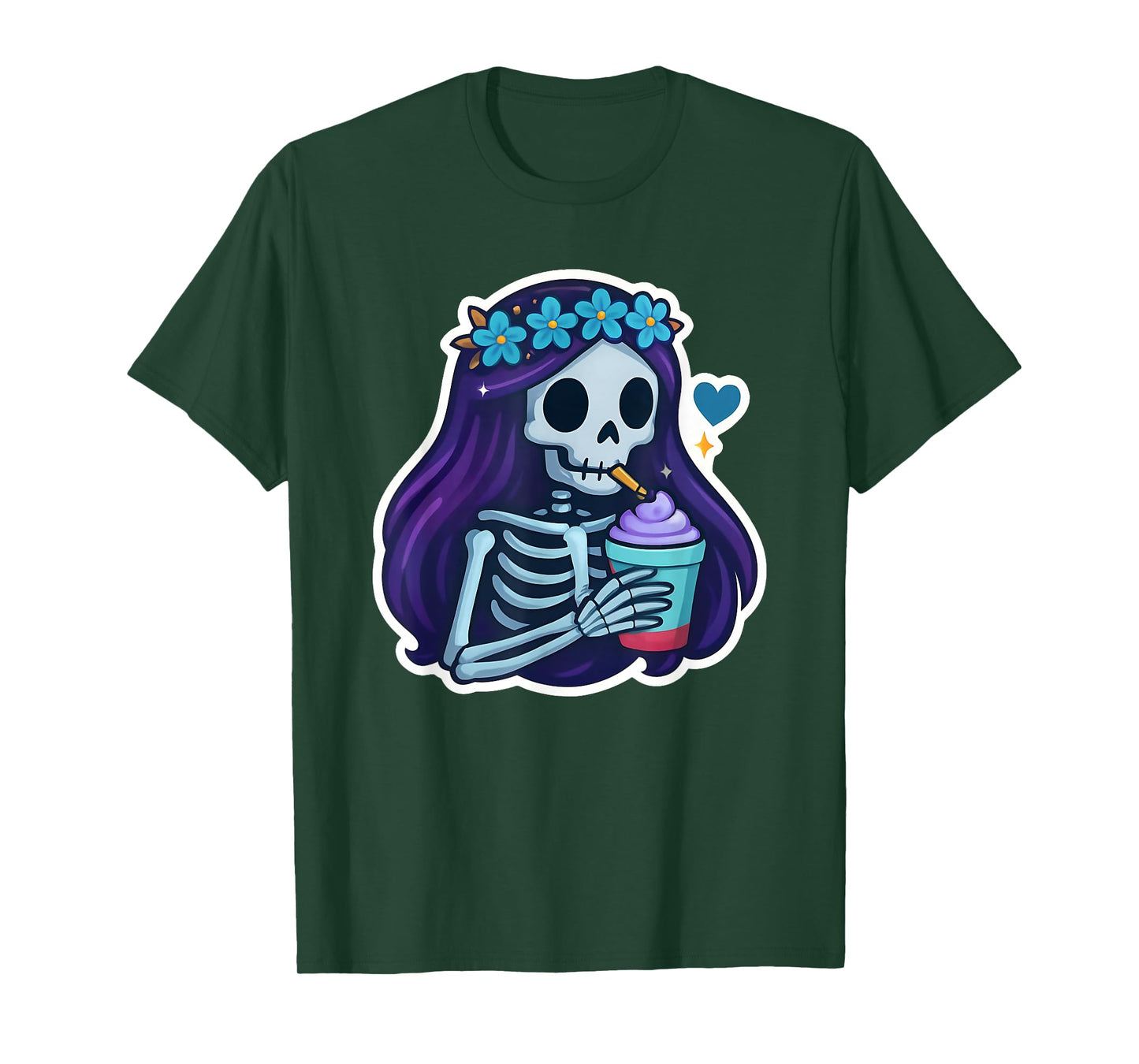 Skeleton Girl Drinking Coffee Peace Sign Graphic for Women T-Shirt