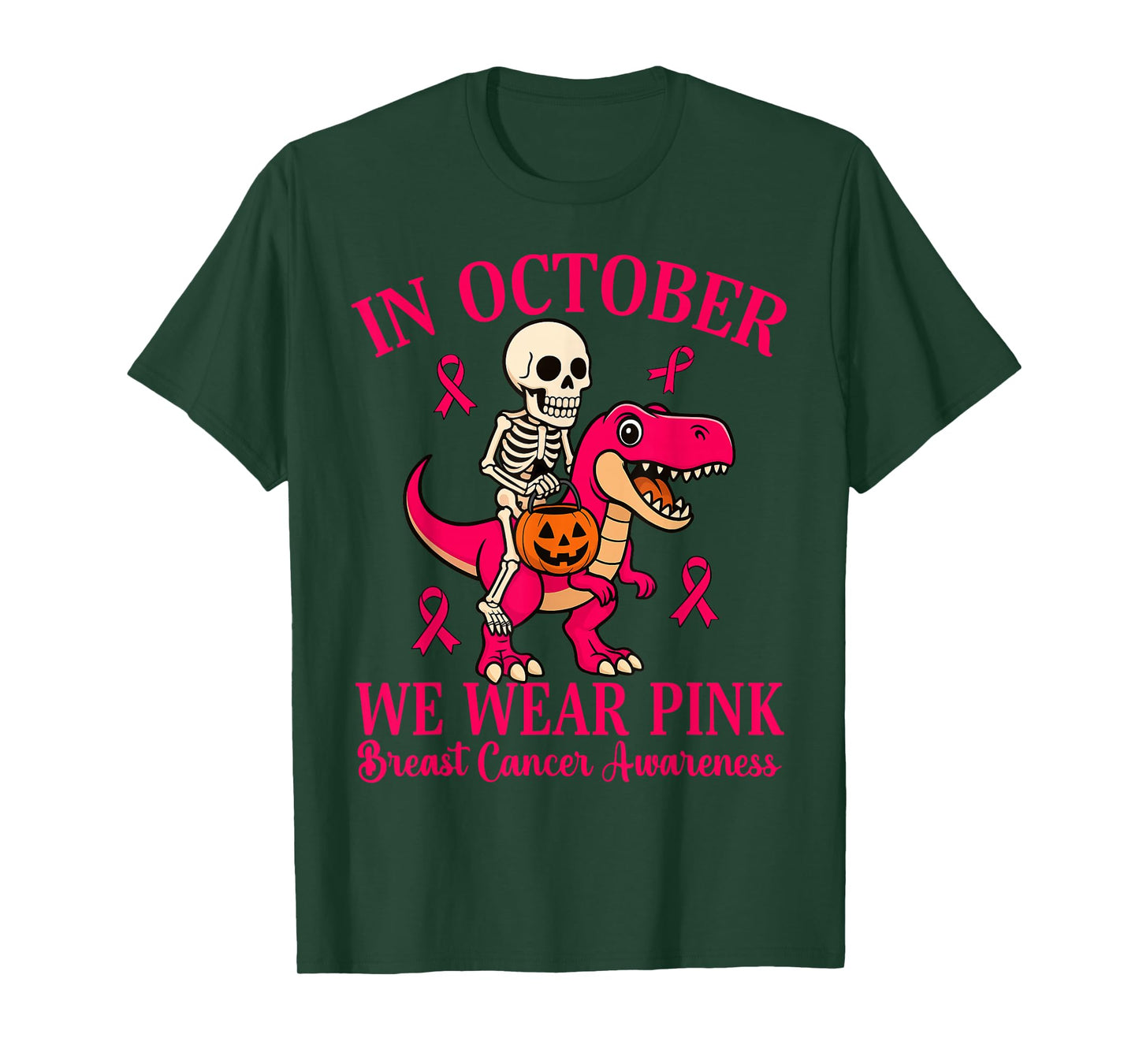 Skeleton Riding Dinosaur T rex Halloween Breast Cancer T-Shirt