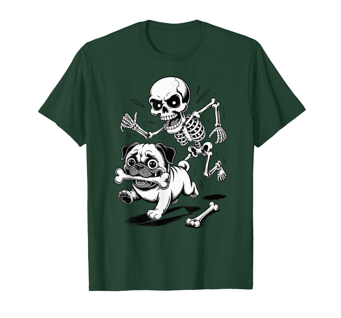 Funny Pug Halloween Dog Steals Bone from Skeleton T-Shirt