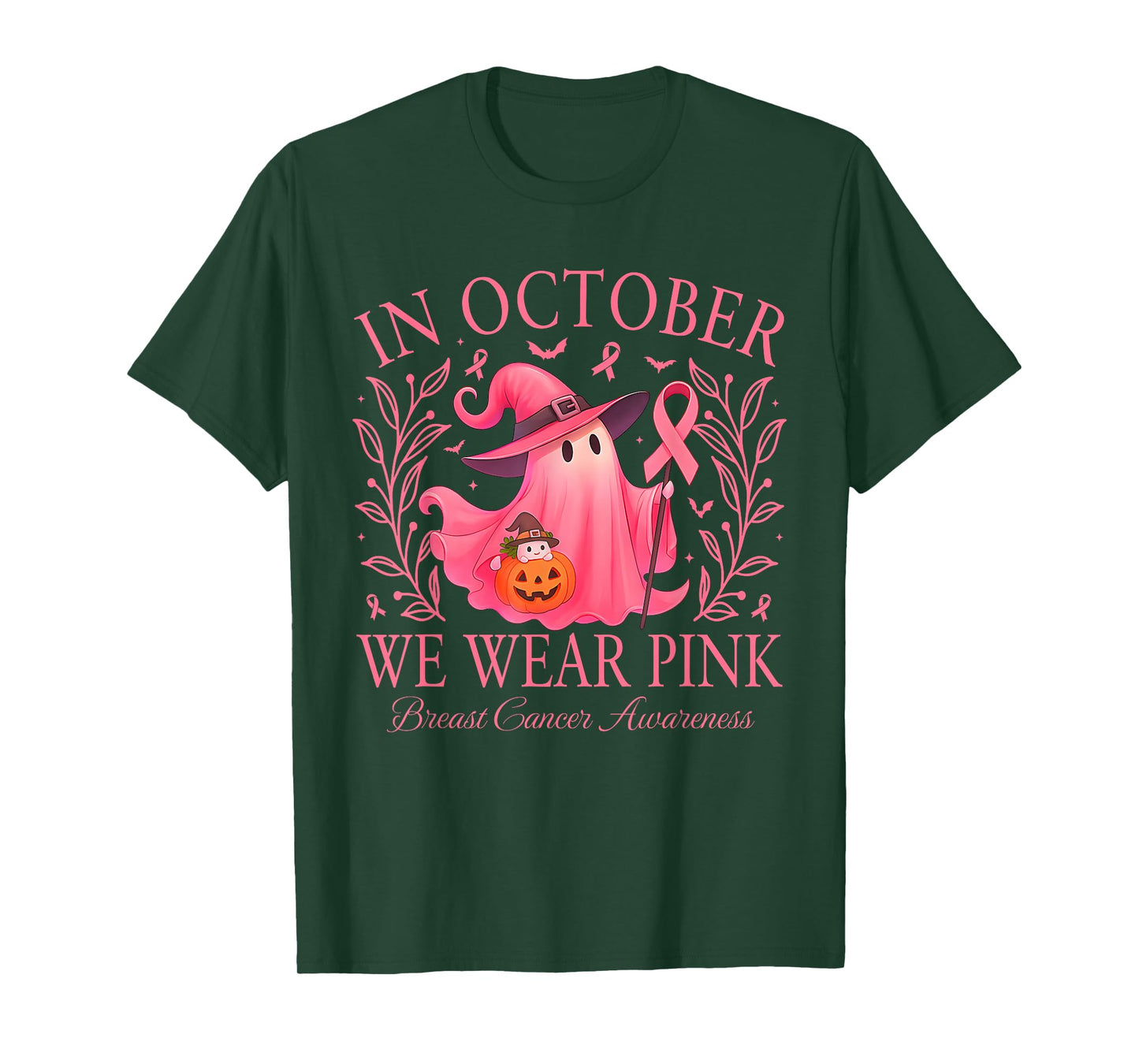 in October We Wear Pink Witch Breast Cancer Women Halloween T-Shirt