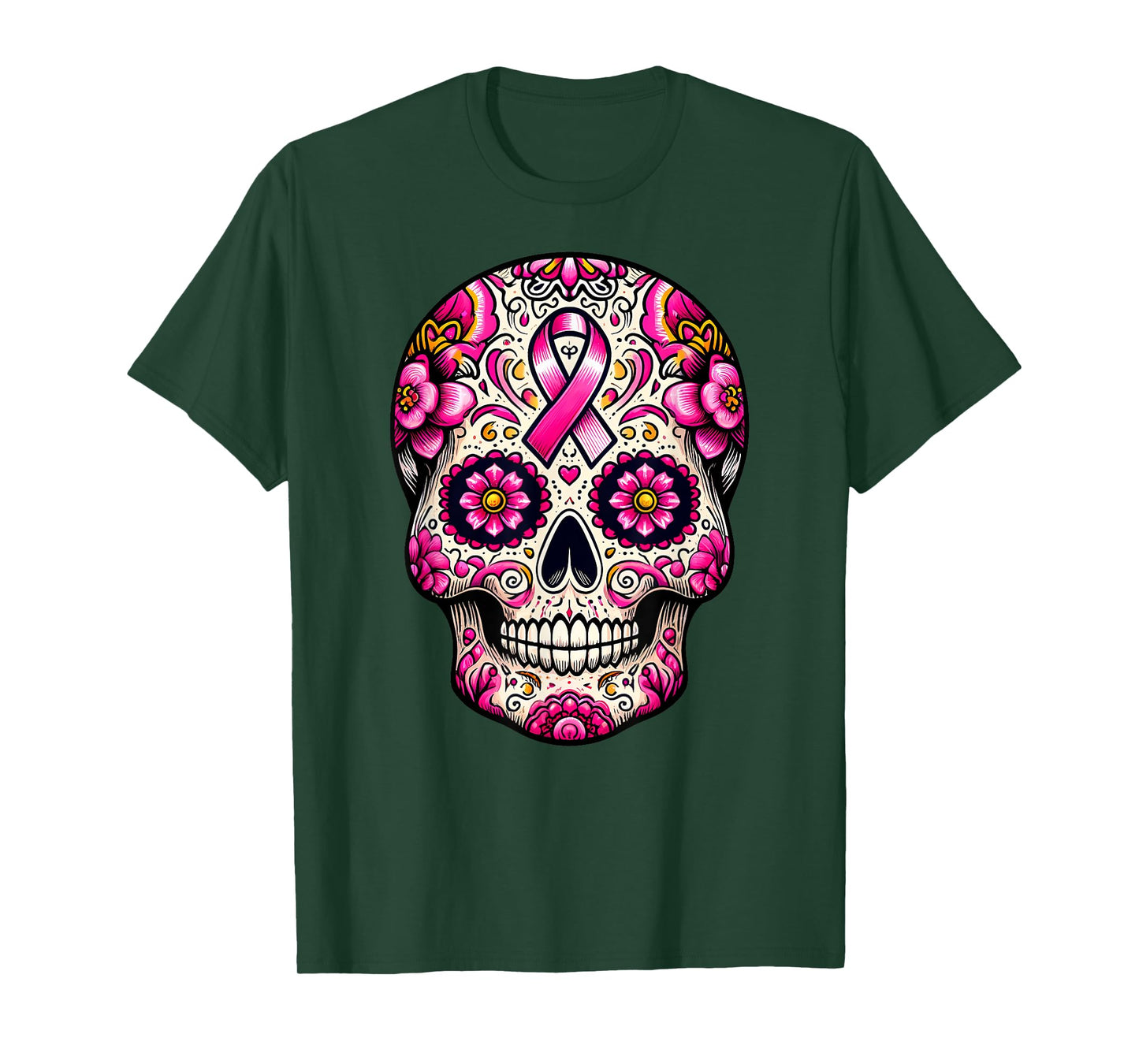 Sugar Skull Pink Ribbon Calavera Breast Cancer Awareness T-Shirt