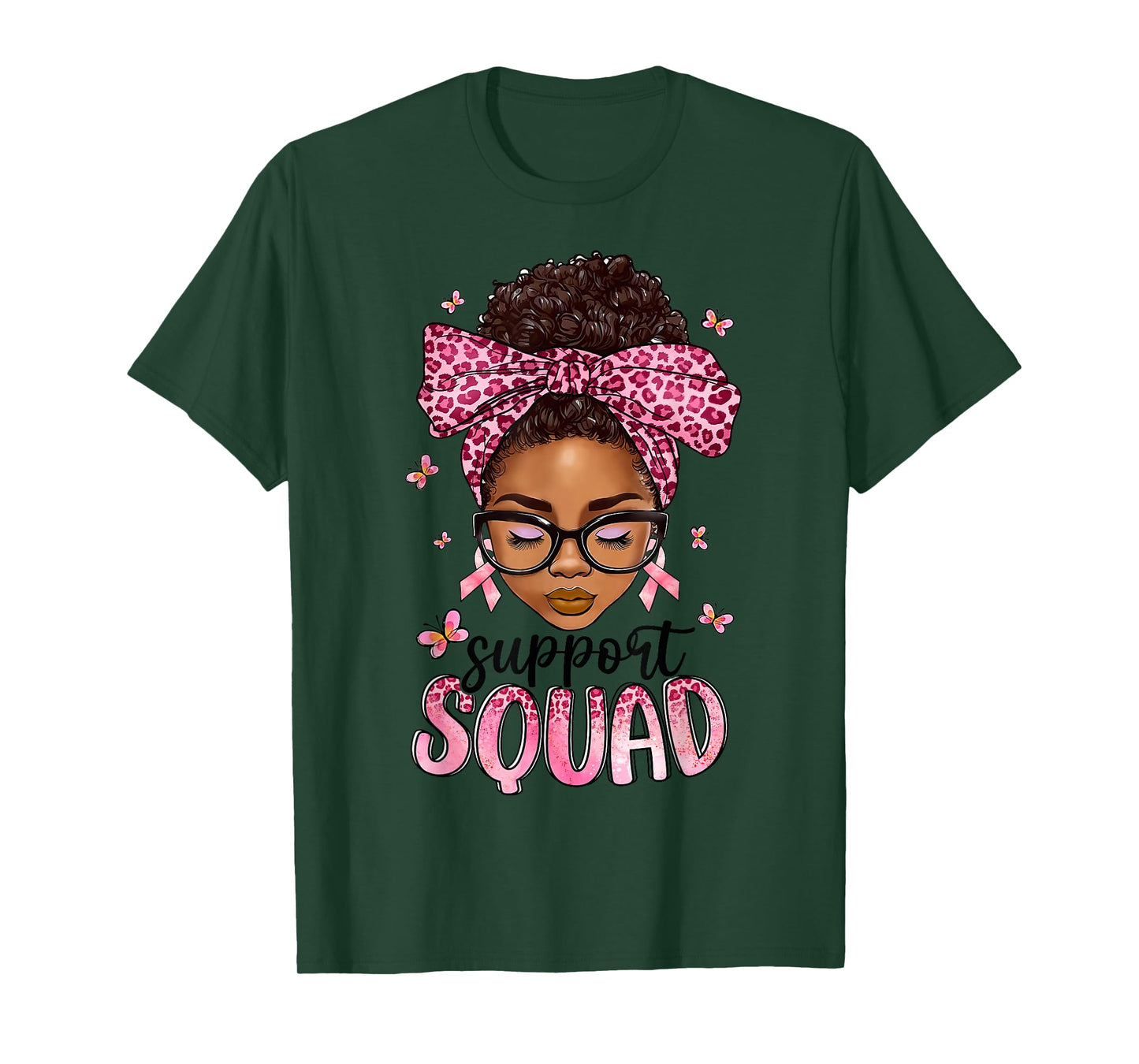 Support Squad Breast Cancer Awareness Messy Bun Black Woman T-Shirt