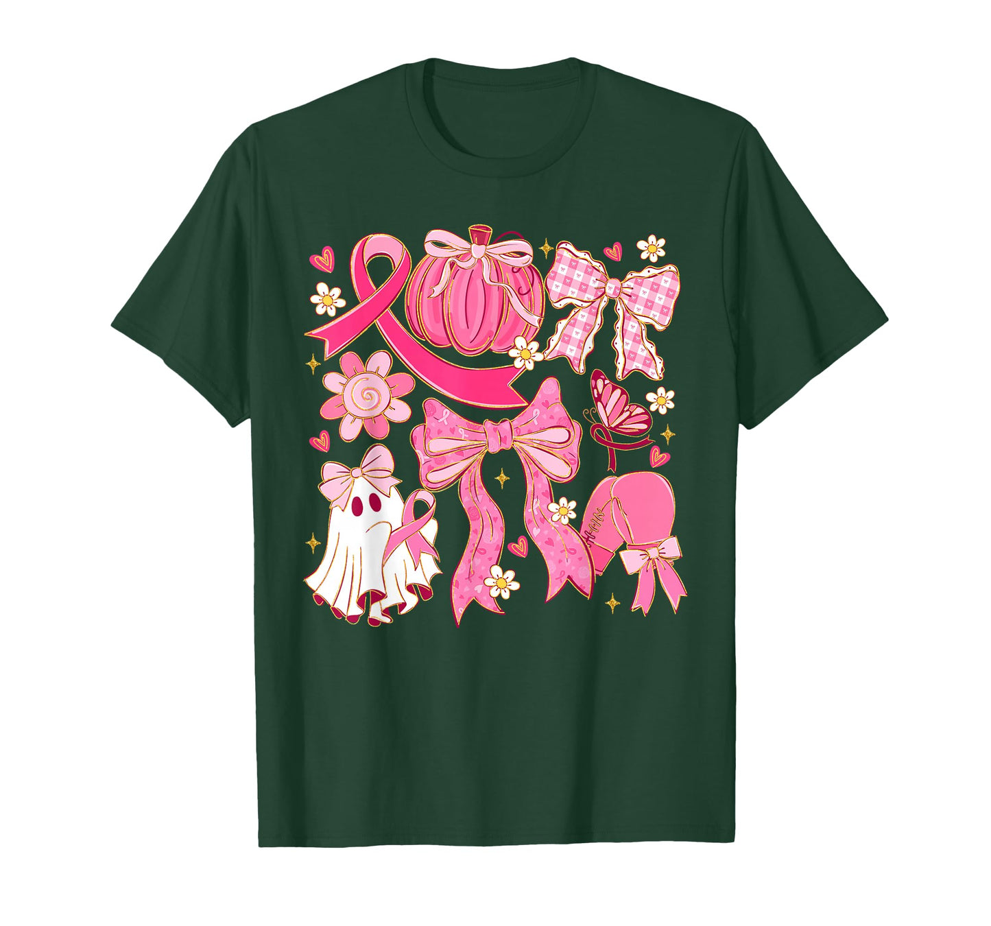 Breast Cancer Pink Ribbon Ghost Halloween Pumpkin Coquette T-Shirt