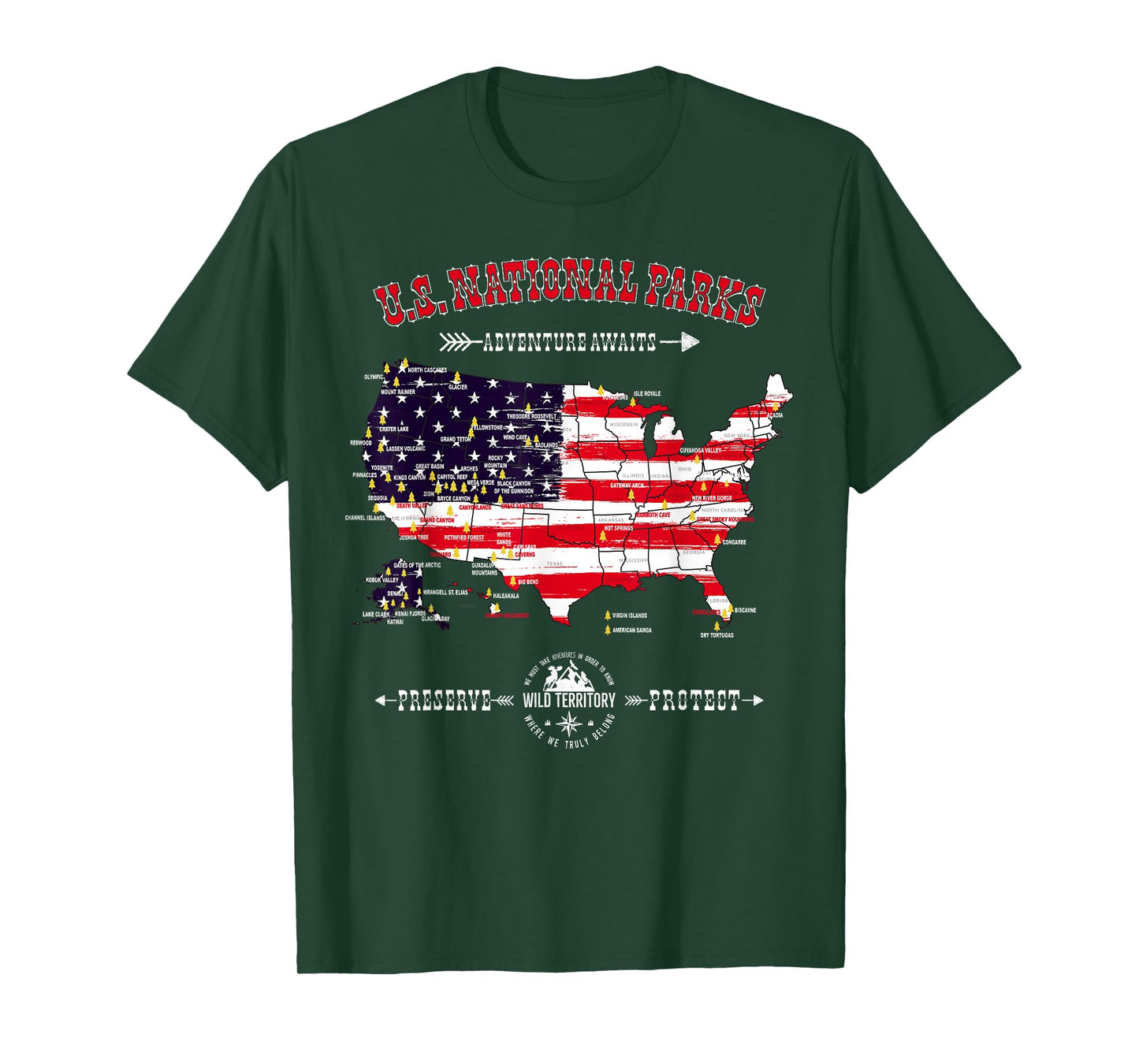 63 National Parks Map - Vintage American Flag Hiking Camping T-Shirt