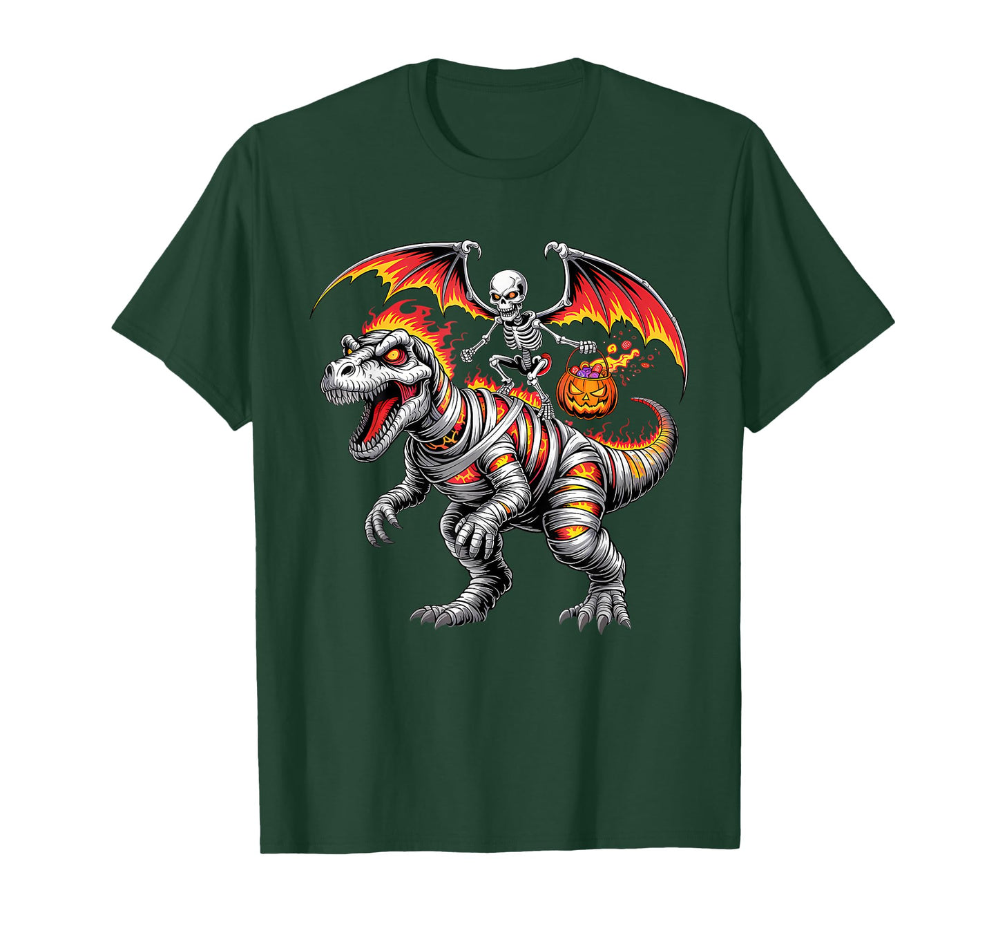 Skeleton Riding Mummy Dinosaur T Rex Kids Boys Men Halloween T-Shirt
