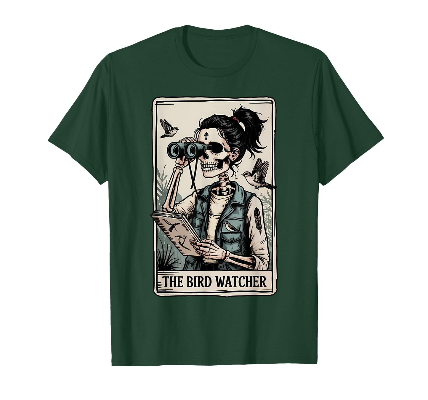 Funny Skeleton Bird Watcher Tarot Card Camping Nature Lover T-Shirt
