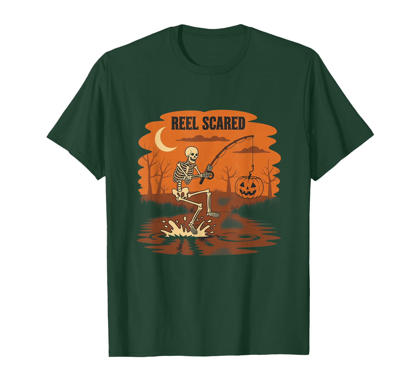 Reel Scared Halloween Fishing Skeleton Pumpkin Scene T-Shirt