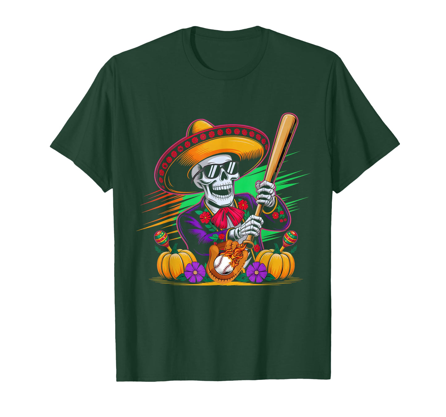 Mariachi Holloween Skeleton Baseball Holloween Fiesta Funny T-Shirt
