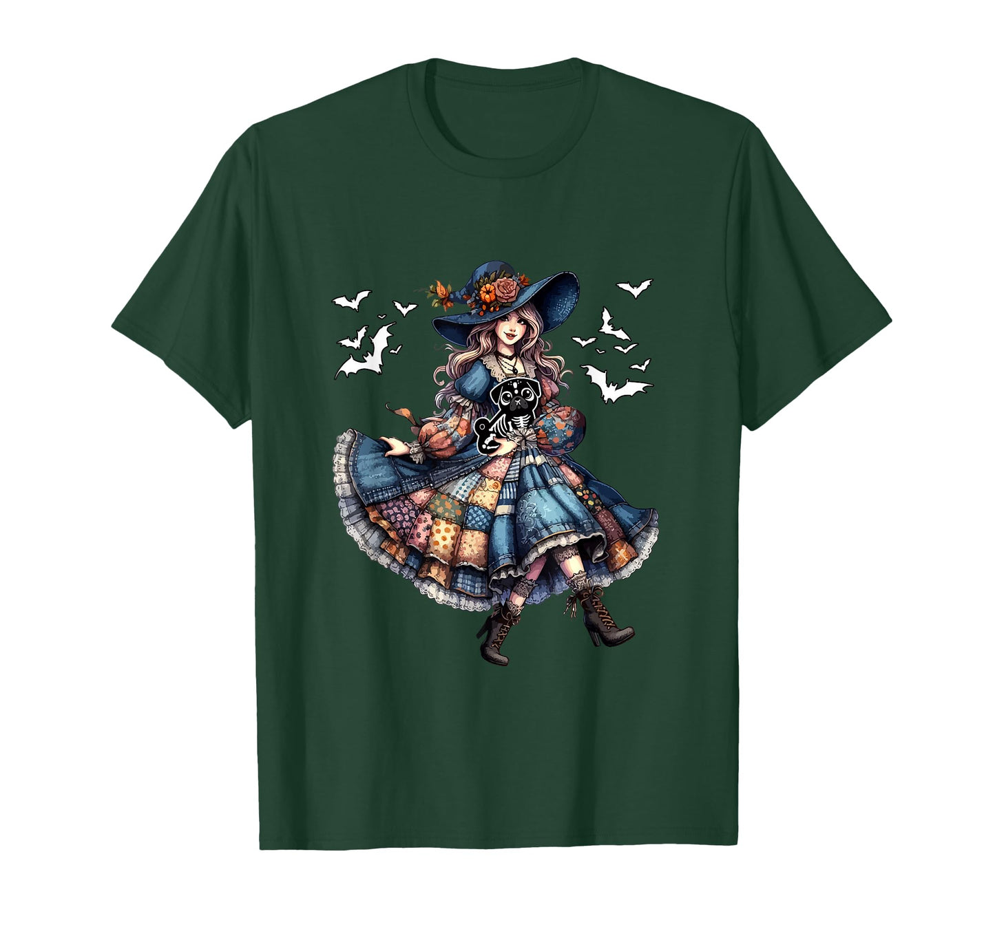 Floral Witch Hugging Pug Cosplay Skeleton Halloween T-Shirt