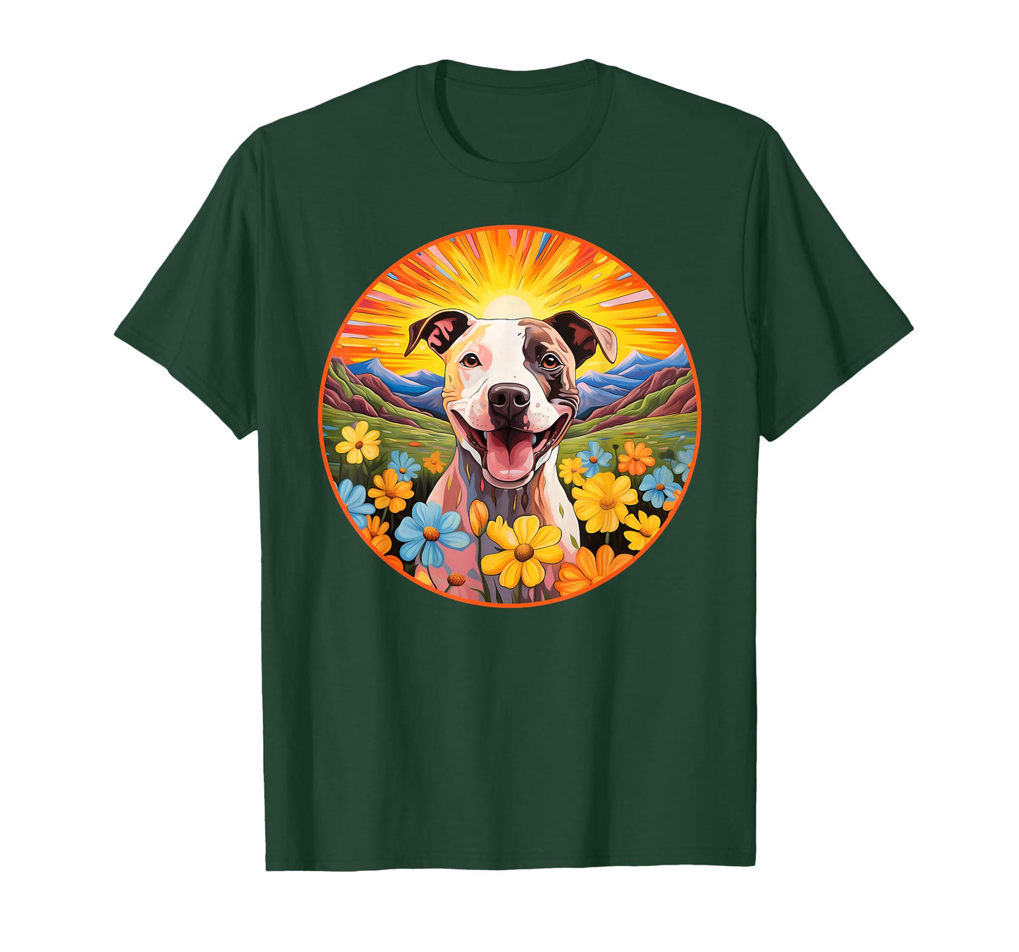 Cute Pitbull Colorful Flower Mountain Sunset Puppy Dog T-Shirt