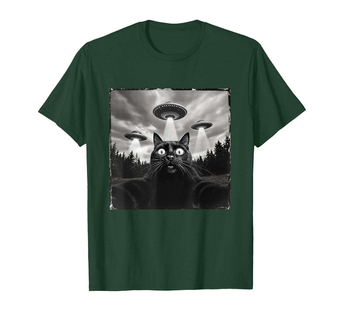 Funny Alien Cat Selfie with UFOs Gift Humor Cat UFO Meme Men Women Kids T-Shirt