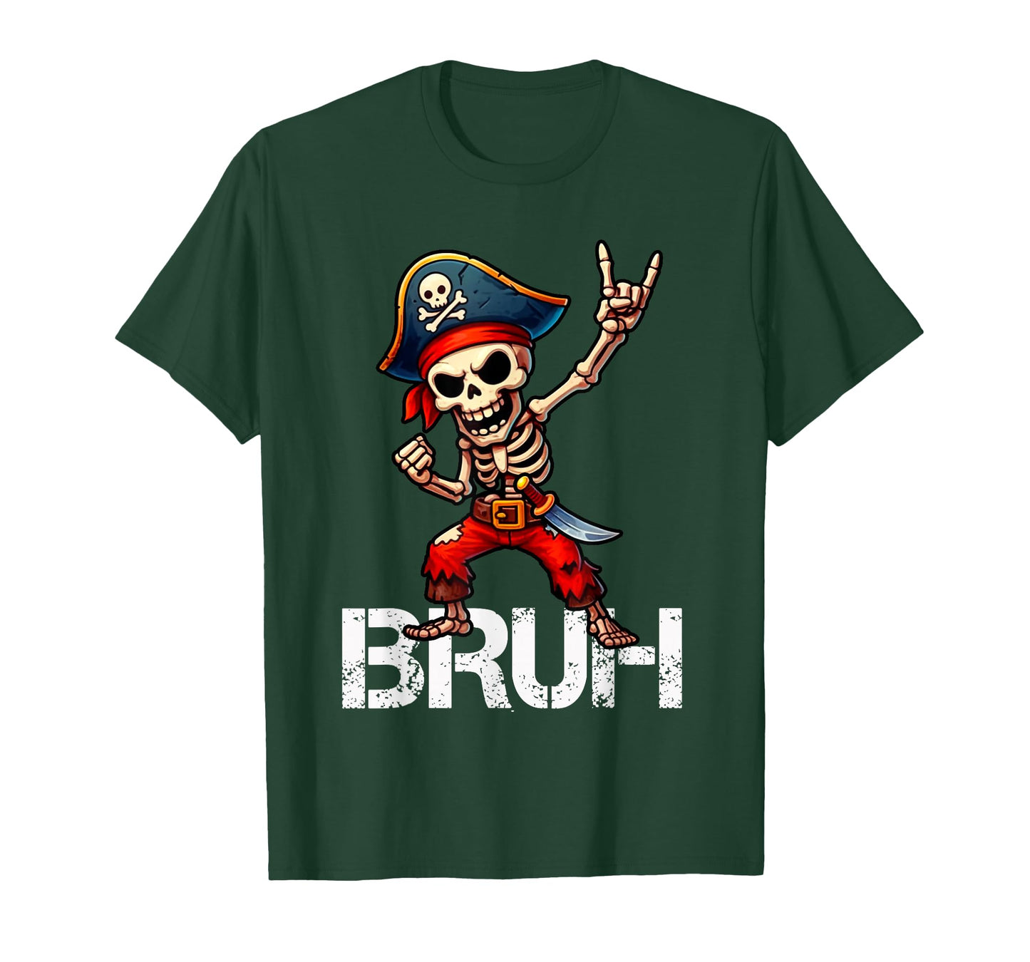 Bruh Pirate Skeleton Rock on Funny Halloween Pirate Men Boys T-Shirt