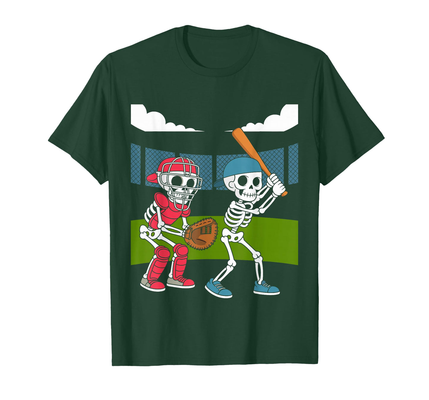 Halloween Skeleton Baseball Field Batter Catcher Graphic T-Shirt