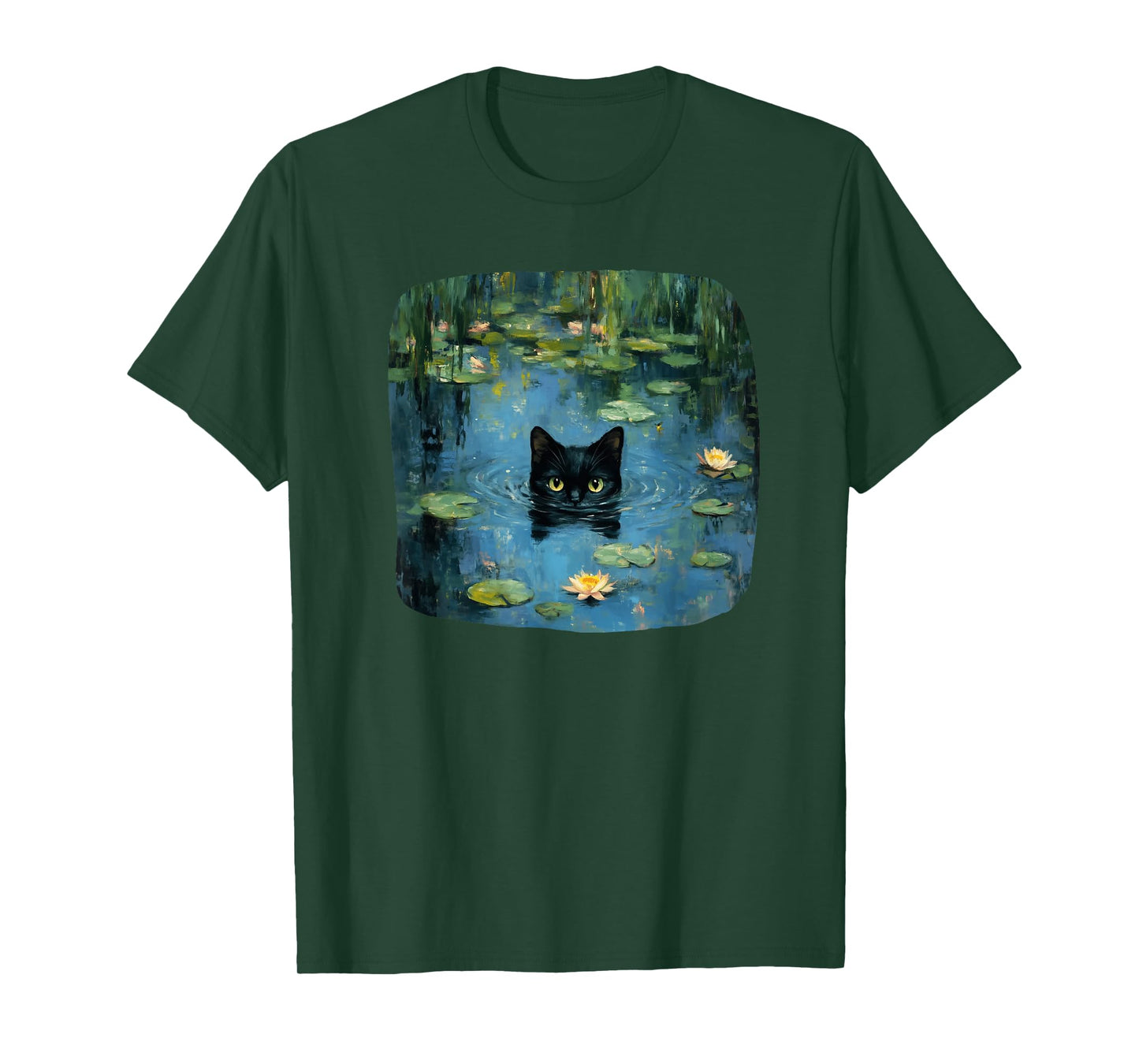 Mystical Black Cat Swimming in Waterlily Pond Art Lover Men Women Kids T-Shirt
