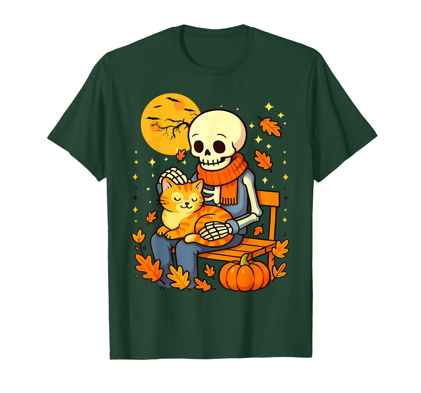 Skeleton Hugging Cat Floral Autumn Halloween Cats Lover T-Shirt