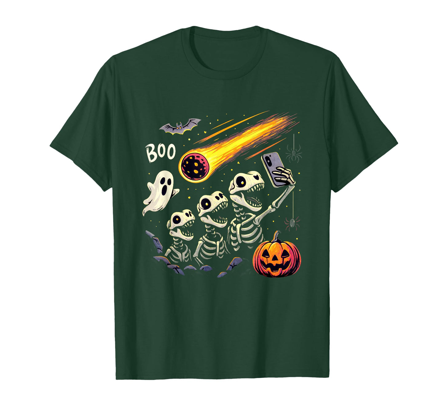 Skeleton Dinosaur T Rex Selfie Boo Pumpkin Halloween T-Shirt