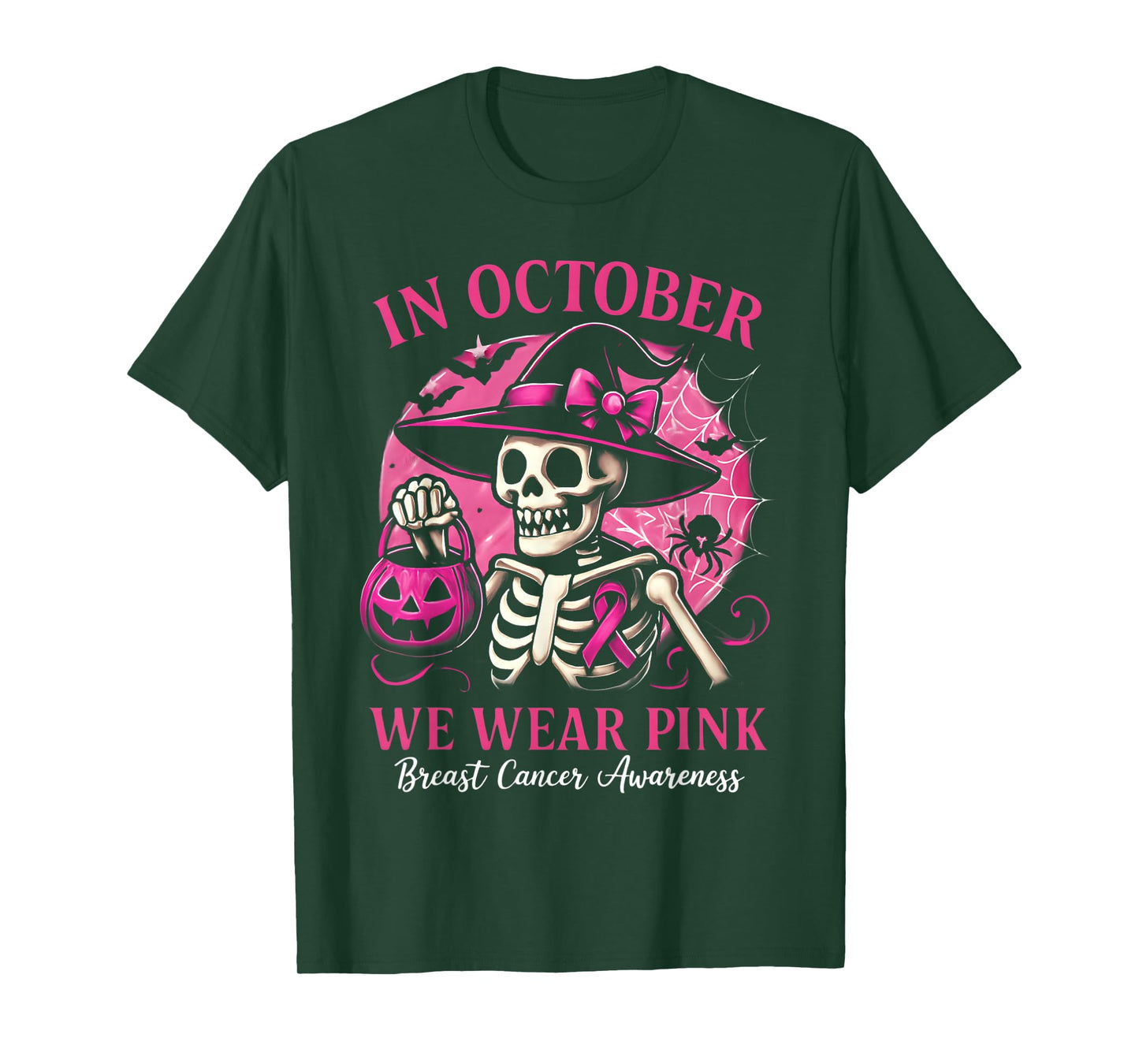 Halloween Skeleton in October We Wear Pink Breast Cancer T-Shirt