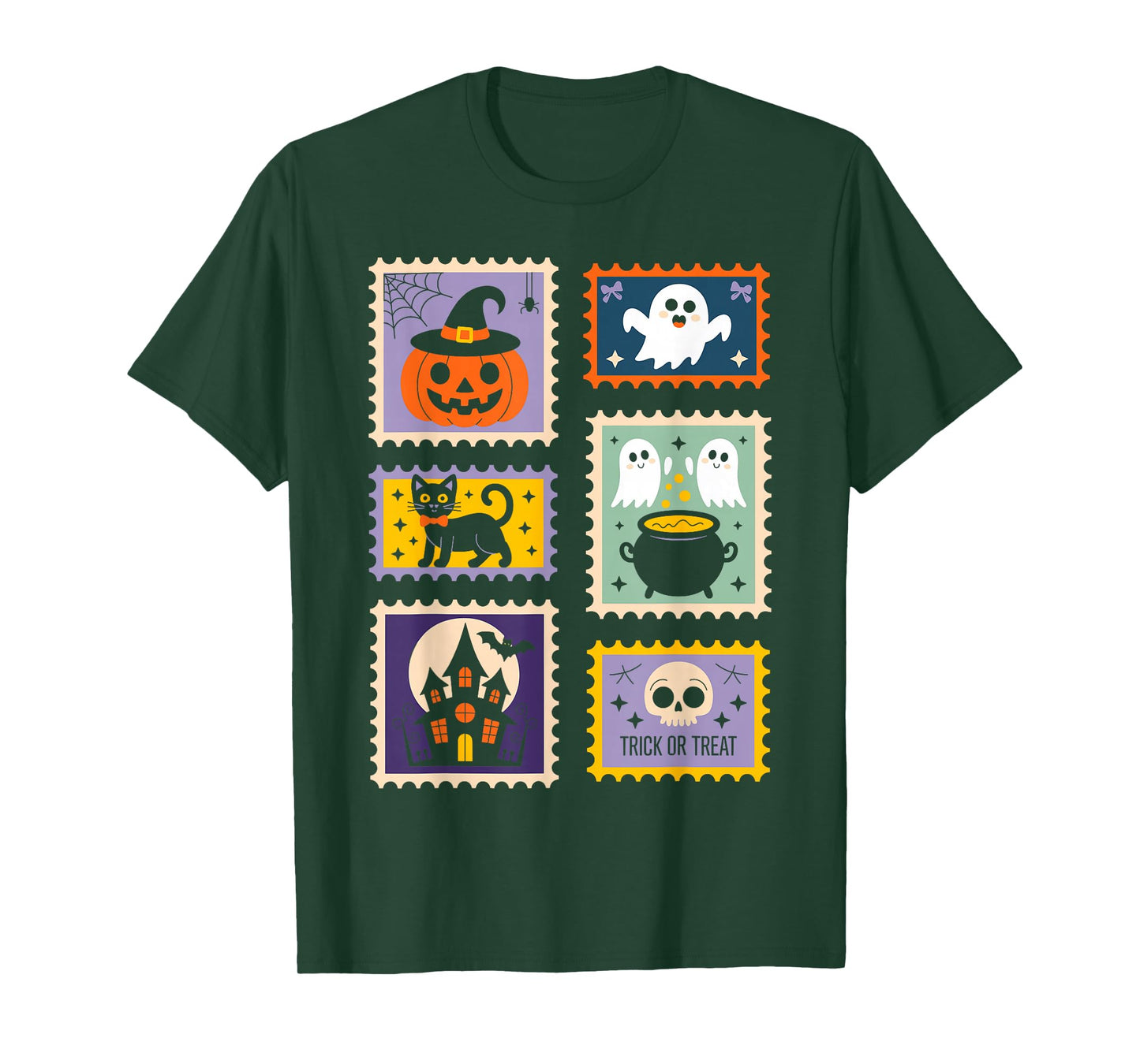 Halloween Stamps Spooky Pumpkin Ghost Cat Witch Skeleton T-Shirt