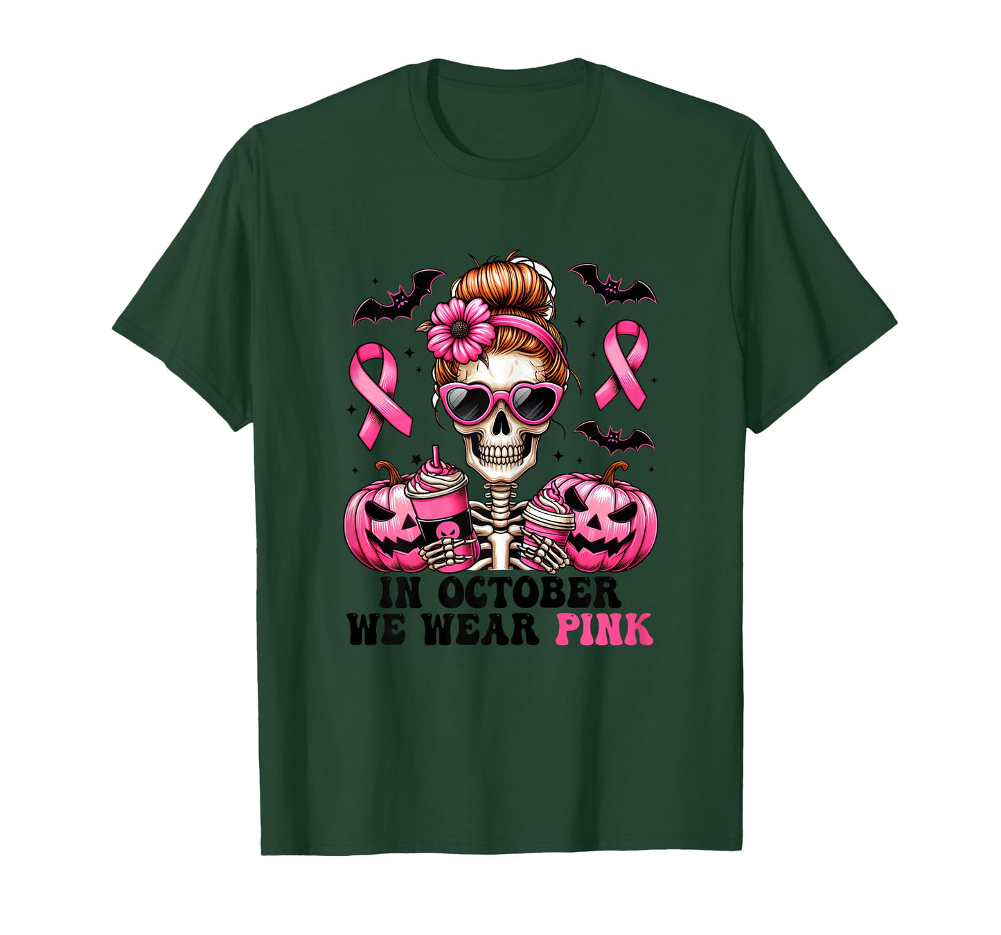 In October We Wear Pink Breast Cancer Skeleton Halloween T-Shirt
