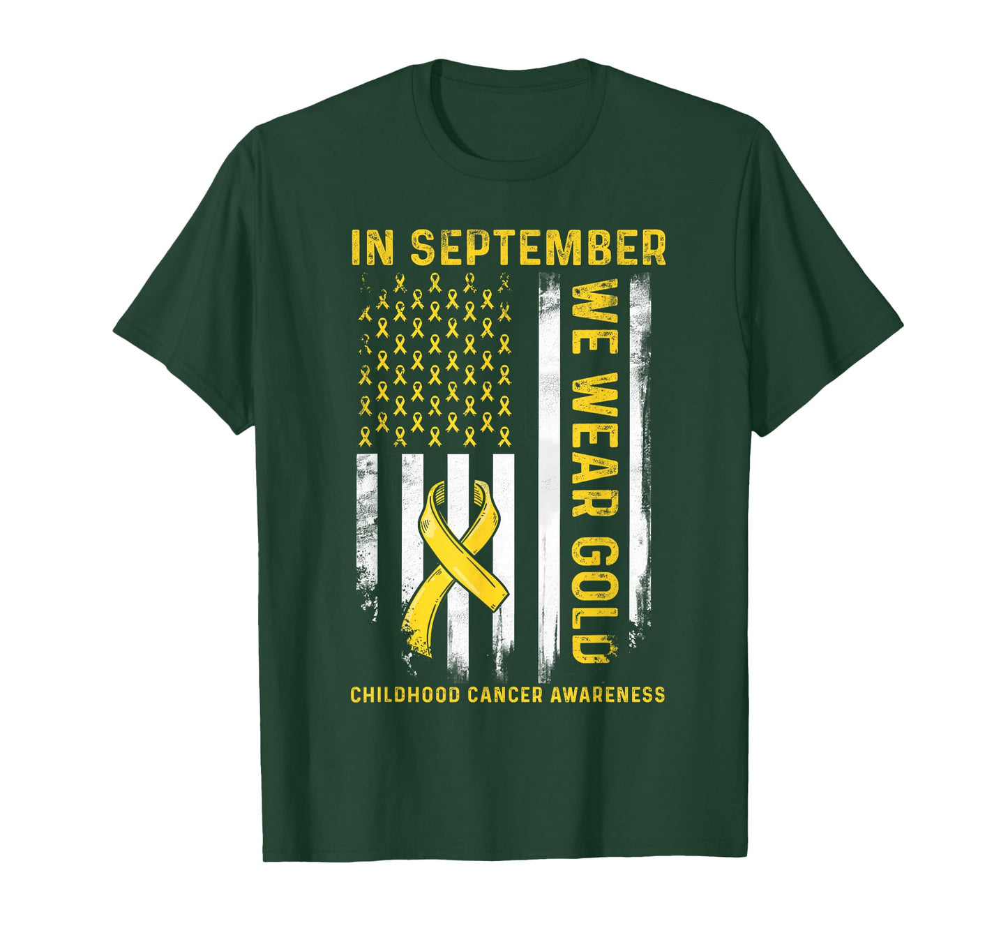 in September We Wear Gold Us Flag Childhood Cancer Awareness T-Shirt