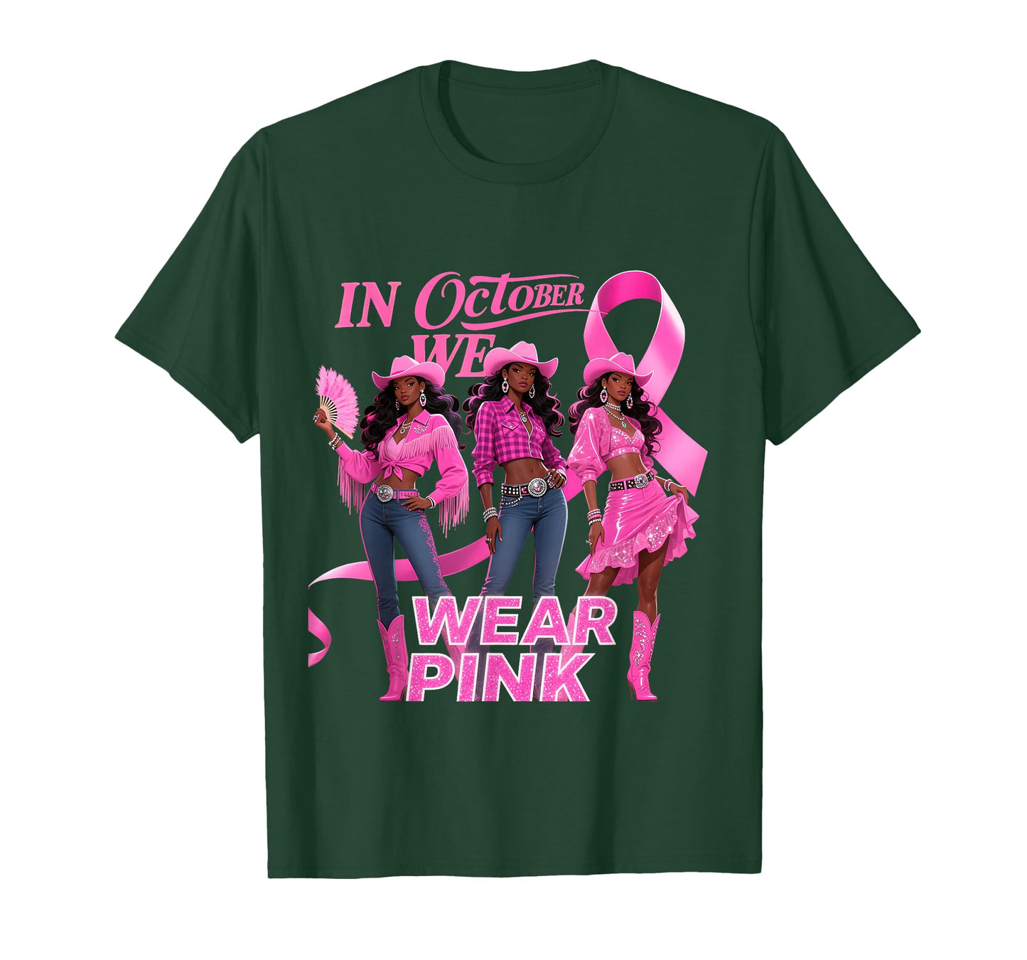 in October We Wear Pink Cowgirl Melanin Rodeo Breast Cancer T-Shirt
