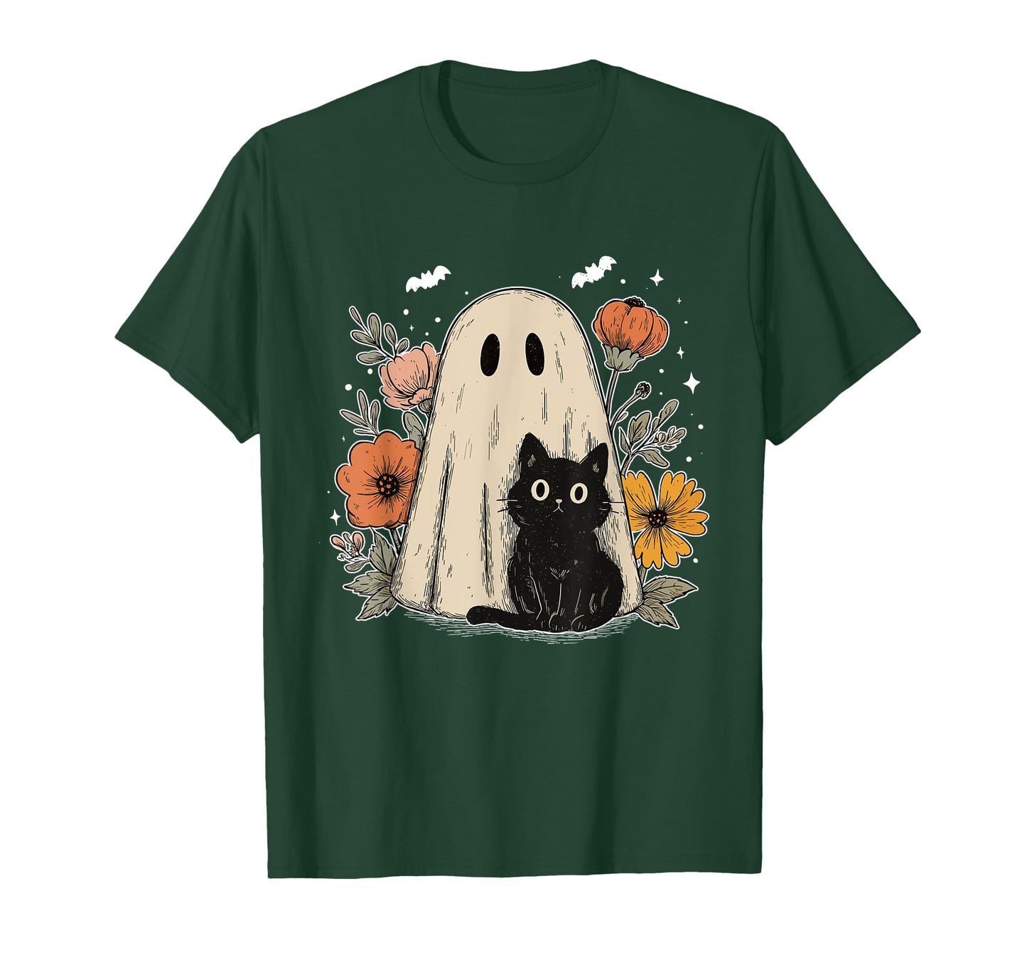 Spooky Vibes Floral Black Cat Ghost Halloween Pumpkin Spooky T-Shirt