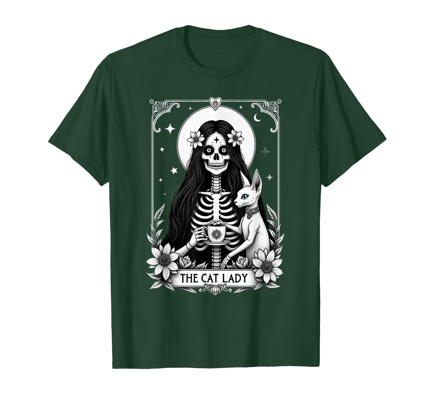 Gothic Tarot Card Cat Lady Skeleton Coffee T-Shirt
