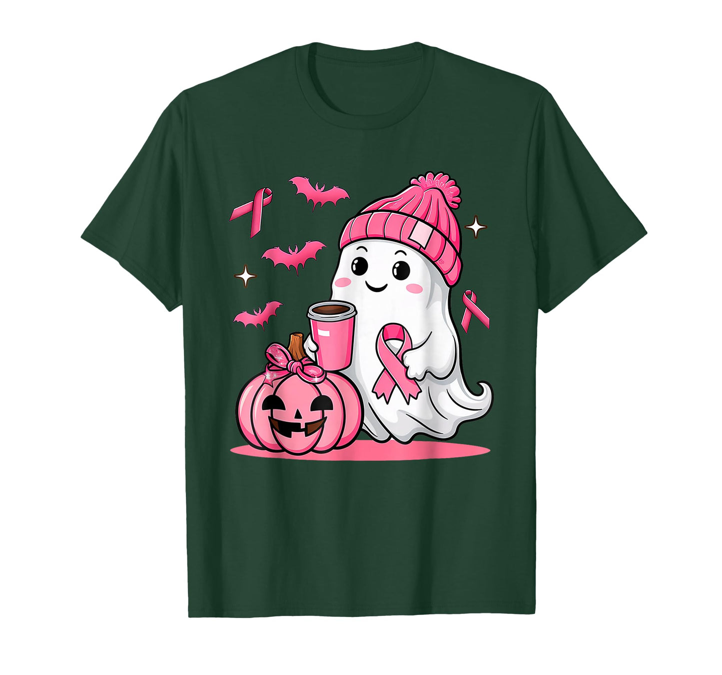 Cute Ghost Drinking Coffee Halloween Breast Cancer Awareness T-Shirt