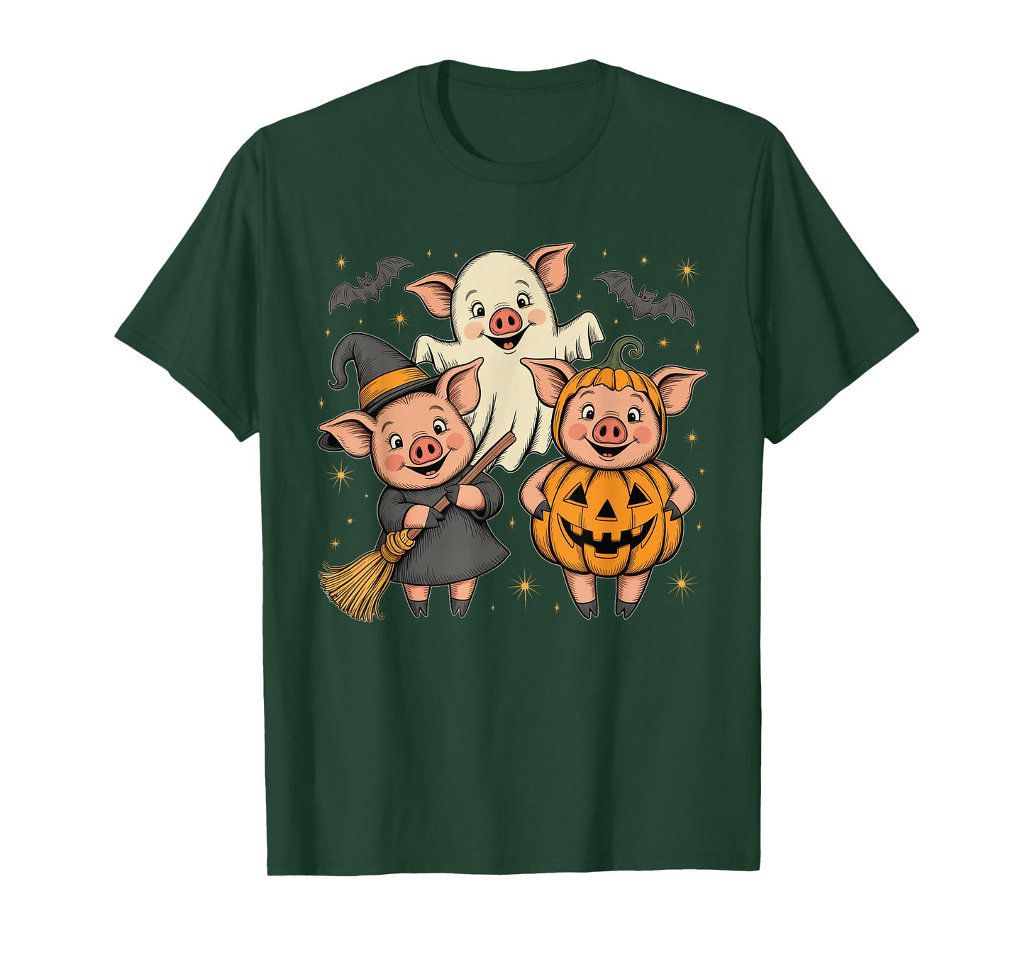 Three Halloween Pigs Cosplay Witch Boo Carved Pumpkin T-Shirt