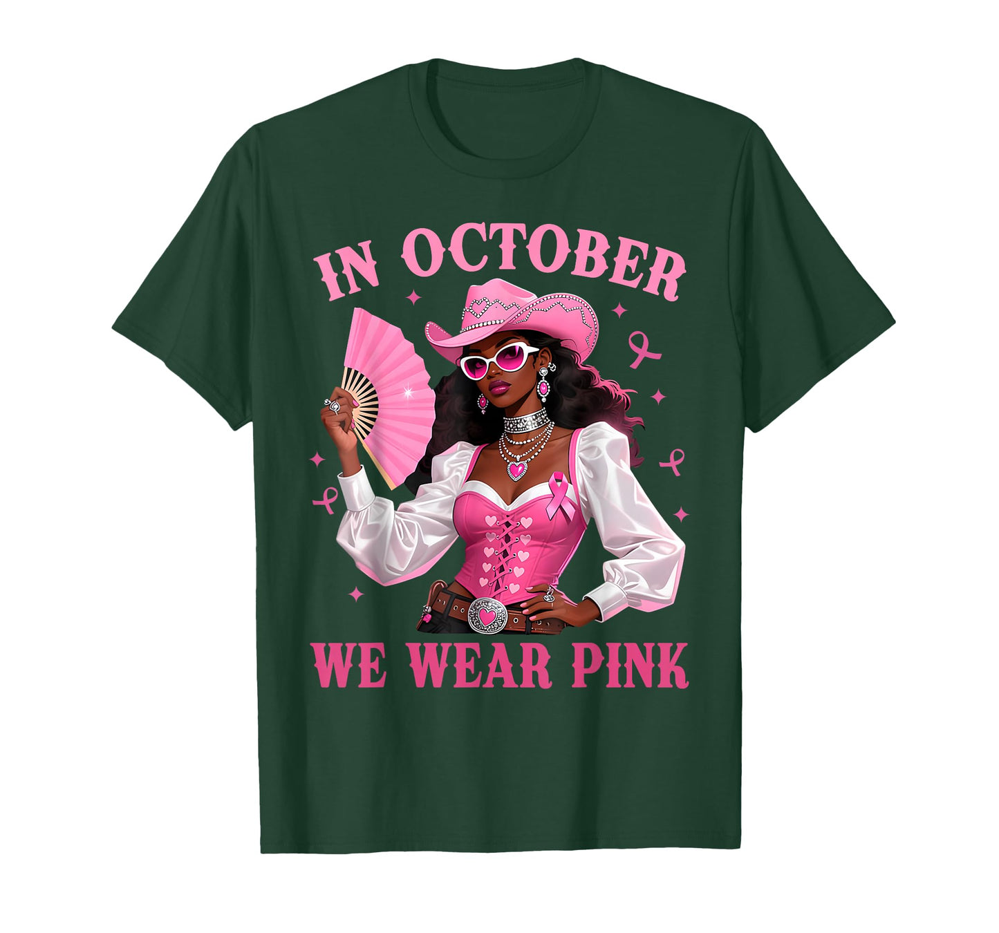 in October We Wear Pink Afro Western Cowgirl Breast Cancer T-Shirt