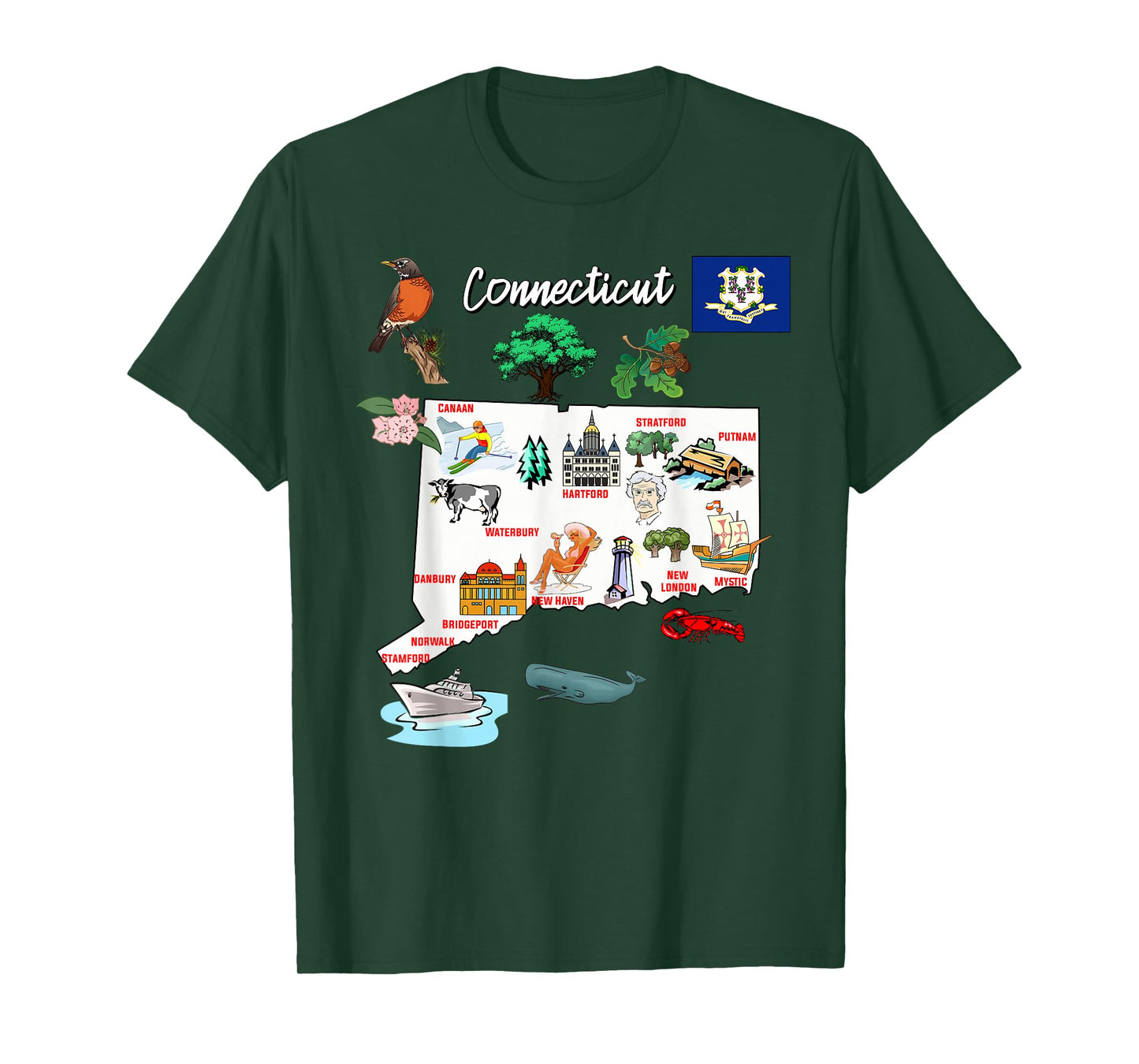 Illustrated map of Connecticut in the USA, cities T-Shirt