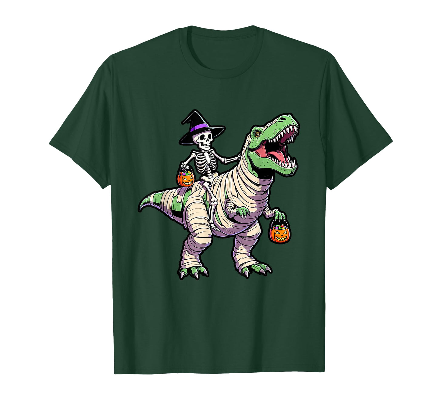 Skeleton Riding Mummy Dinosaur T rex Spooky Halloween Fun T-Shirt