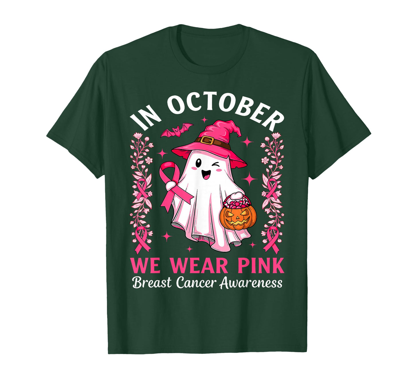 in October We Wear Pink Ghost Witch Breast Cancer Awareness T-Shirt