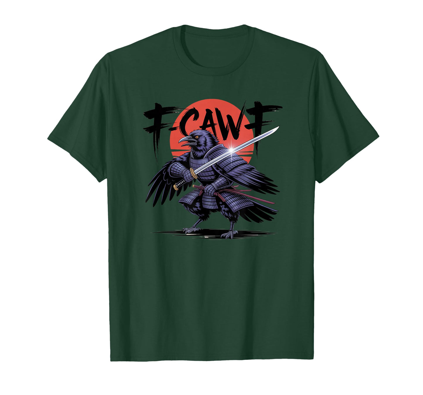 Samurai Crow F-Caw-F Funny Black Bird Red Moon Adult Humor T-Shirt