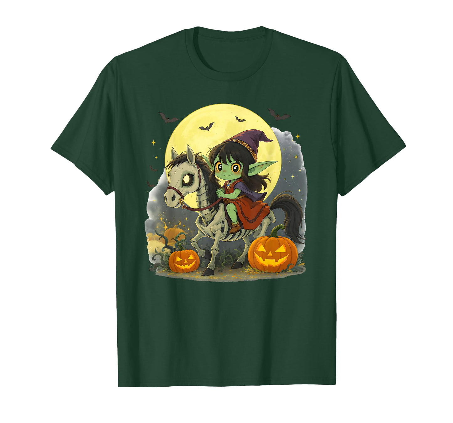 Halloween Girl Dark Elf Goblin Troll Riding Horse Skeleton T-Shirt
