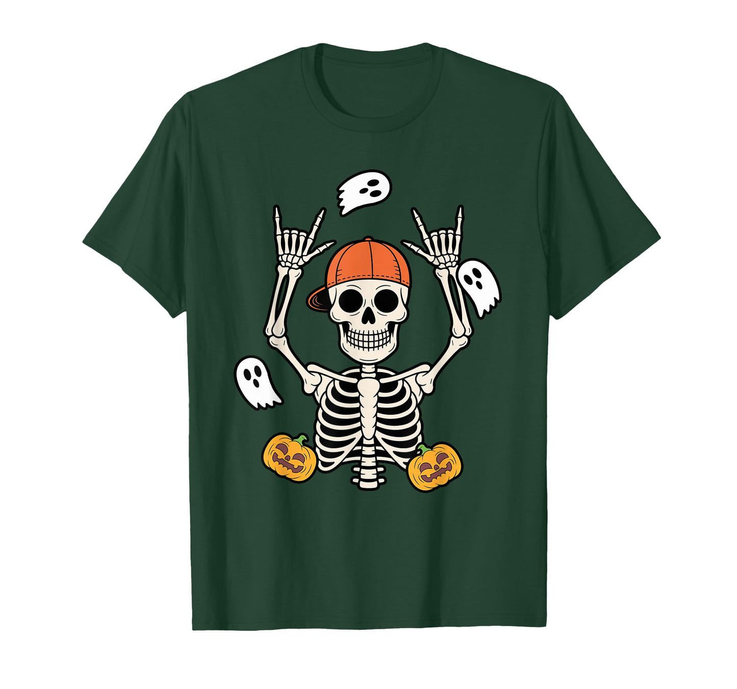 Halloween Skeleton with Pumpkins and Ghosts Rock Pose T-Shirt